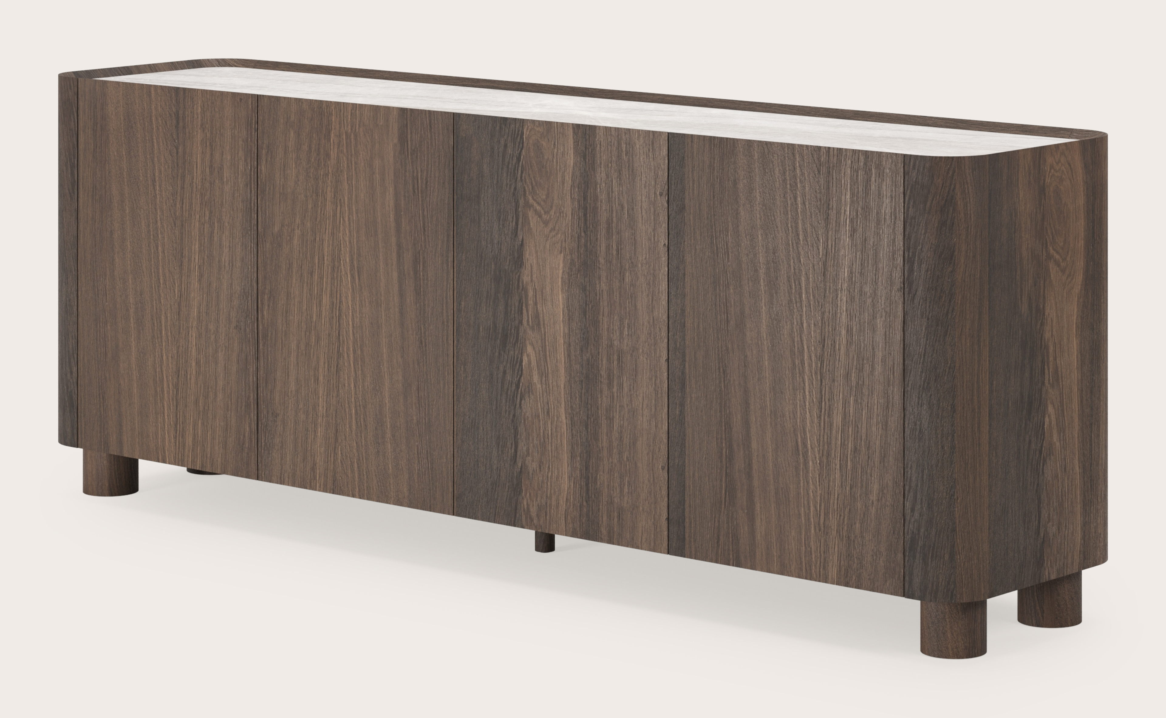Curvato dressoir in gerookte eik met ronde houten poten met volkeramisch Ceramo blad in kleur Taj Mahal 203 x 45 x 76 cm