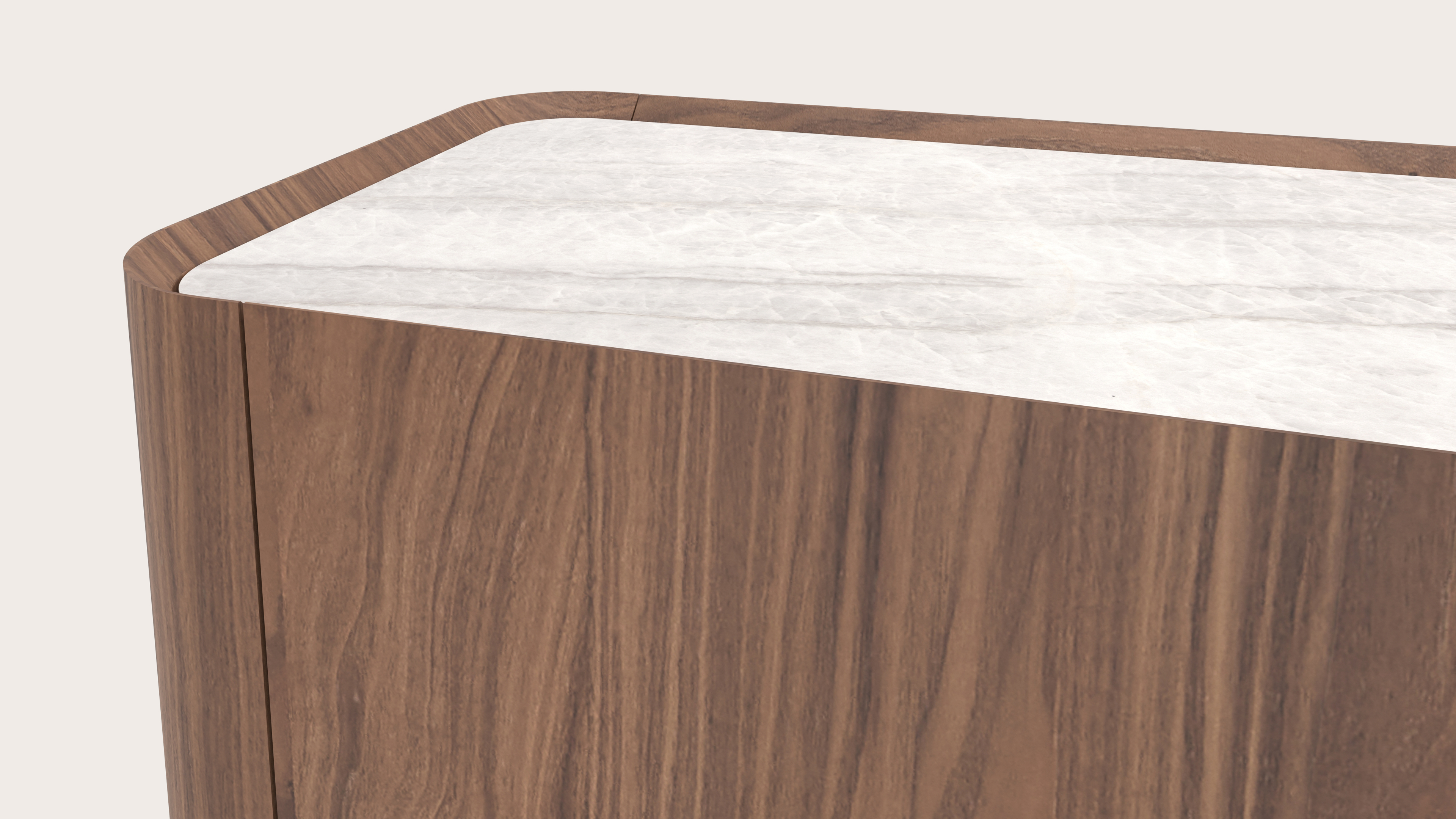 Meuble tv Curvato en noyer avec pieds ronds en bois avec plateau Ceramo en céramique en couleur Taj Mahal 249 x 45 x 44 cm
