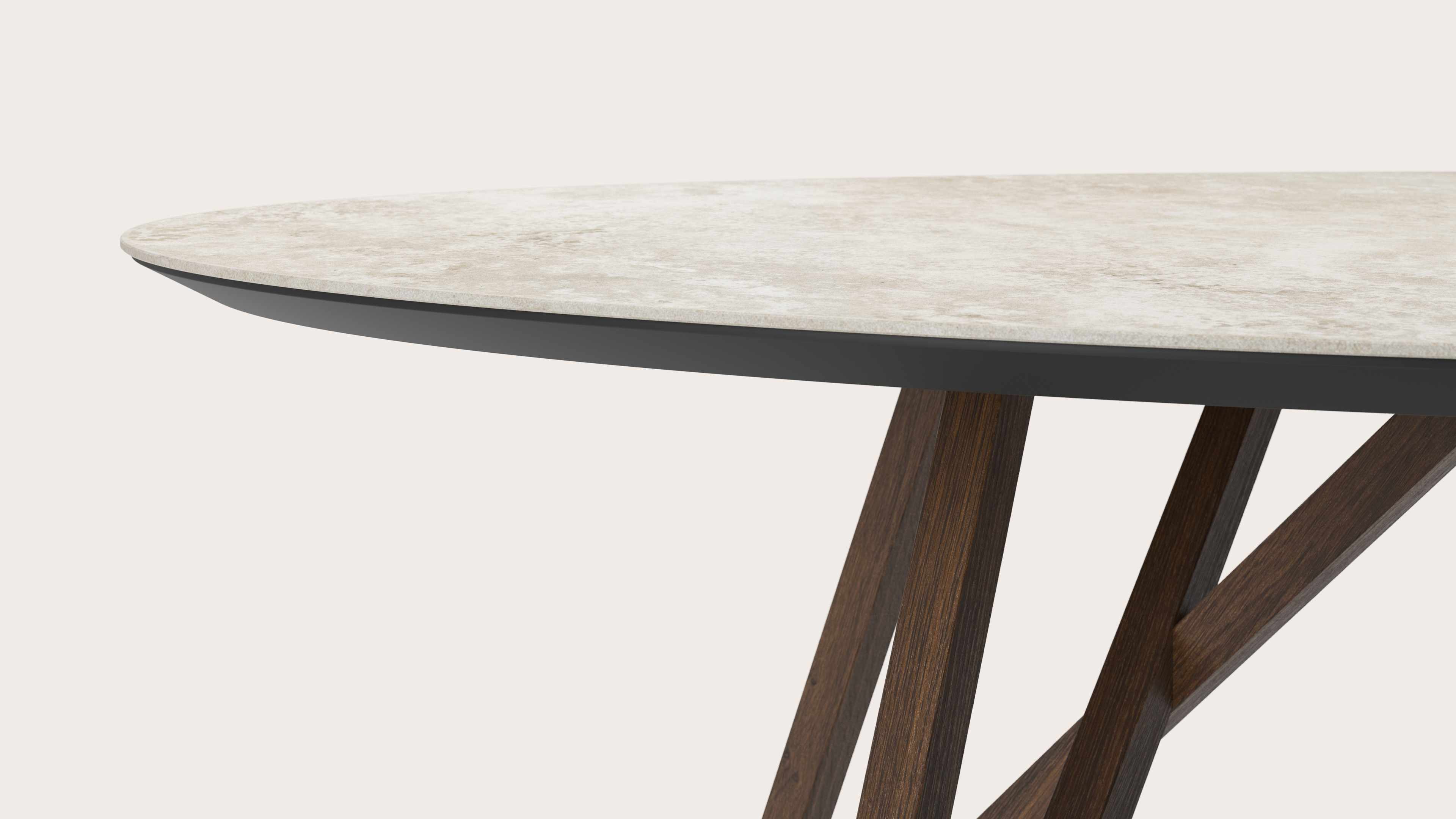 Eettafel Ragno onderstel in gerookte eik met ovaal volkeramisch Ceramo blad in kleur Rapolano 220 x 120 x 77 cm