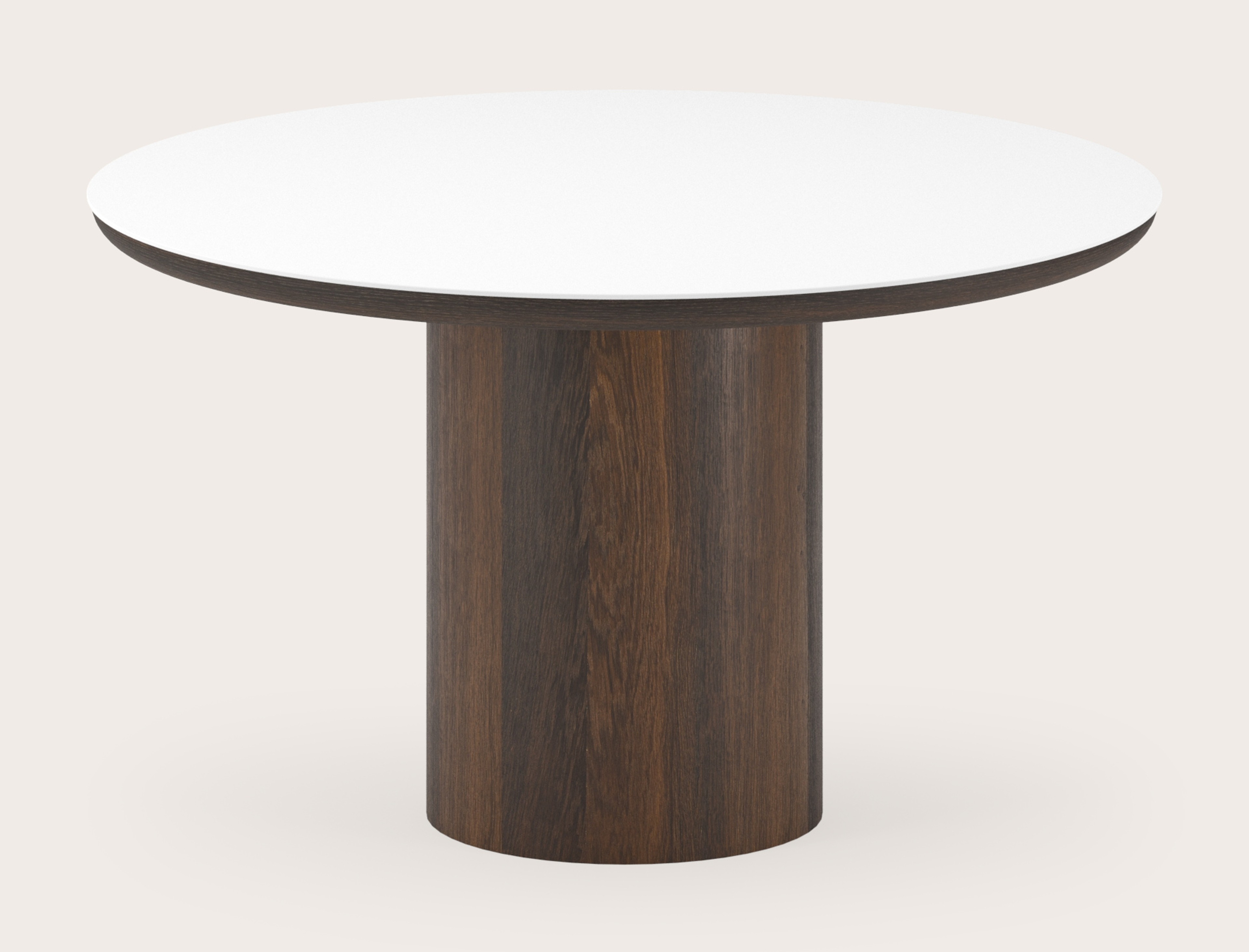 Table de salle à manger Amato Rondo armature en chêne fumé avec plateau Ceramo rond en céramique en couleur Arctic White Ø130 x 76 cm