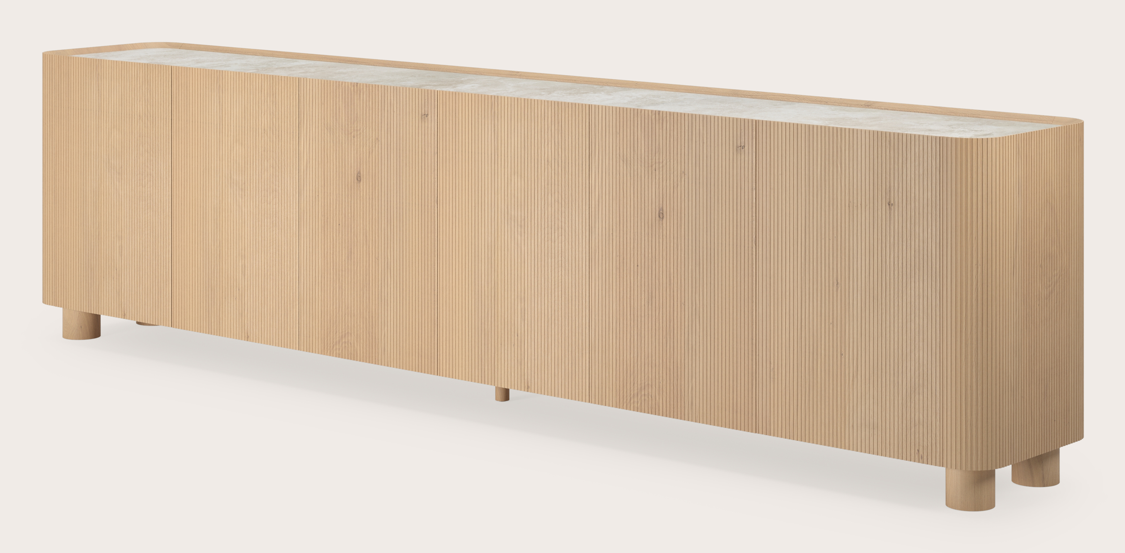 Grivato dressoir in natuurkleurige eik met ronde poten met volkeramisch Ceramo blad in kleur Rapolano 294 x 45 cm