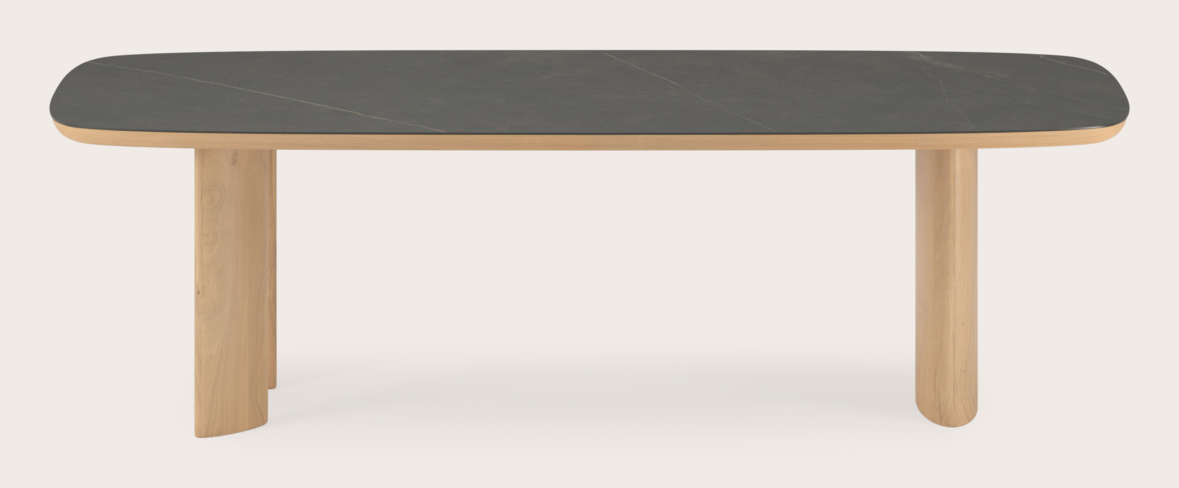 Table de salle à manger Amato Ellipso armature en chêne couleur naturelleavec plateau Ceramo forme arrondie en céramique en couleur Calatorao 260 x 110 x 76 cm
