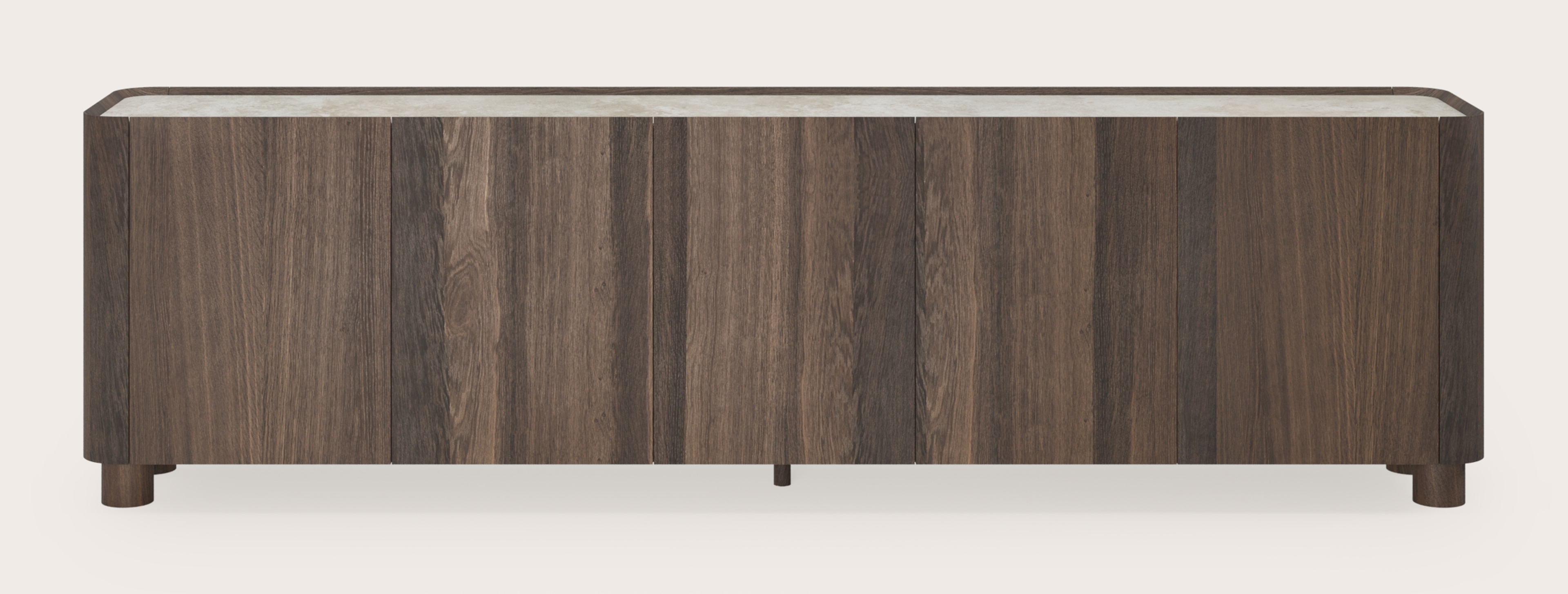 Buffet Curvato en chêne fumé avec pieds ronds en bois avec plateau Ceramo en céramique en couleur Rapolano 269 x 45 x 76 cm