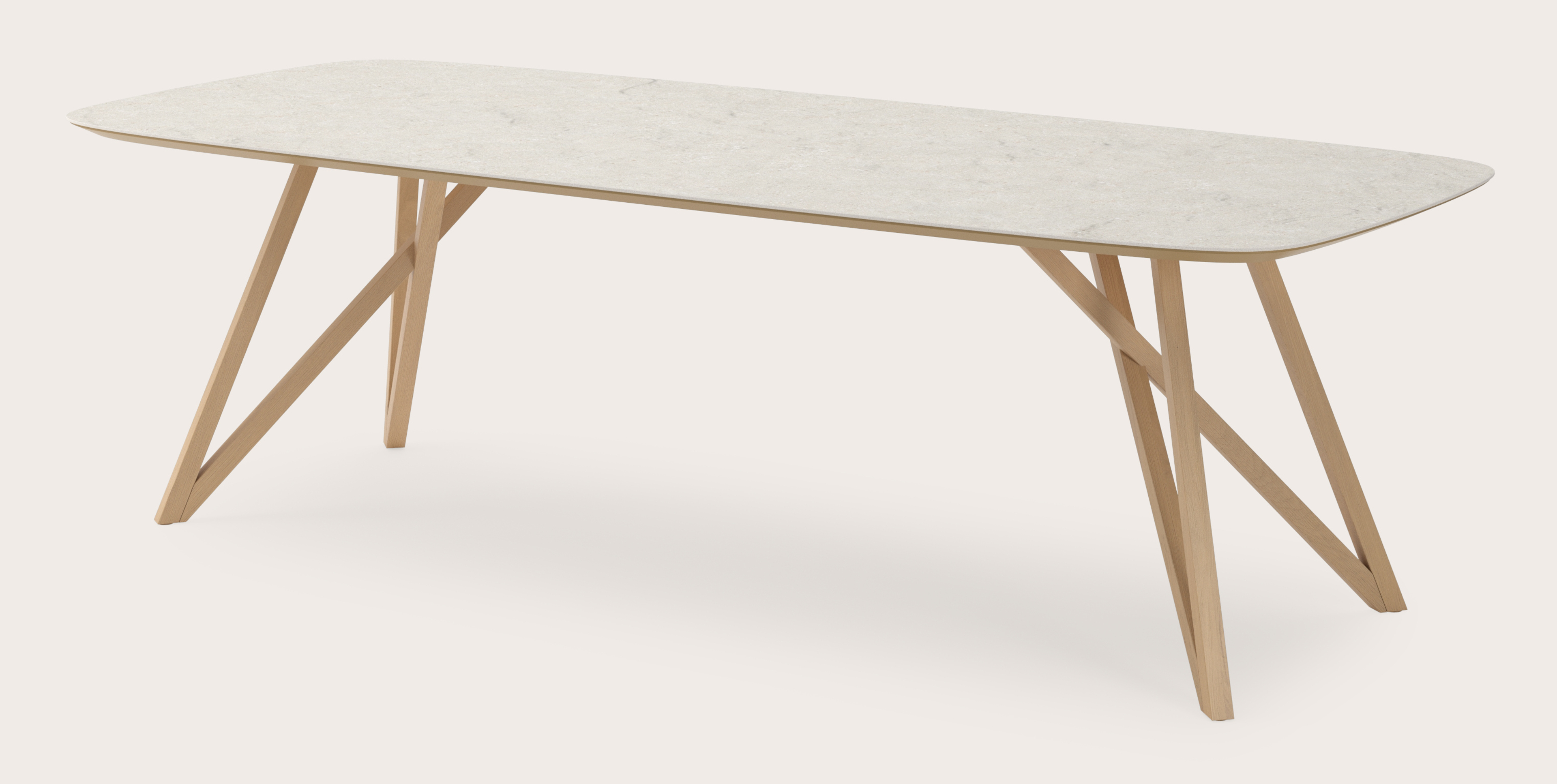 Eettafel Ragno onderstel in natuurkleurige eik met bootvormig volkeramisch Ceramo blad in kleur Shilin 260 x 110 x 77 cm