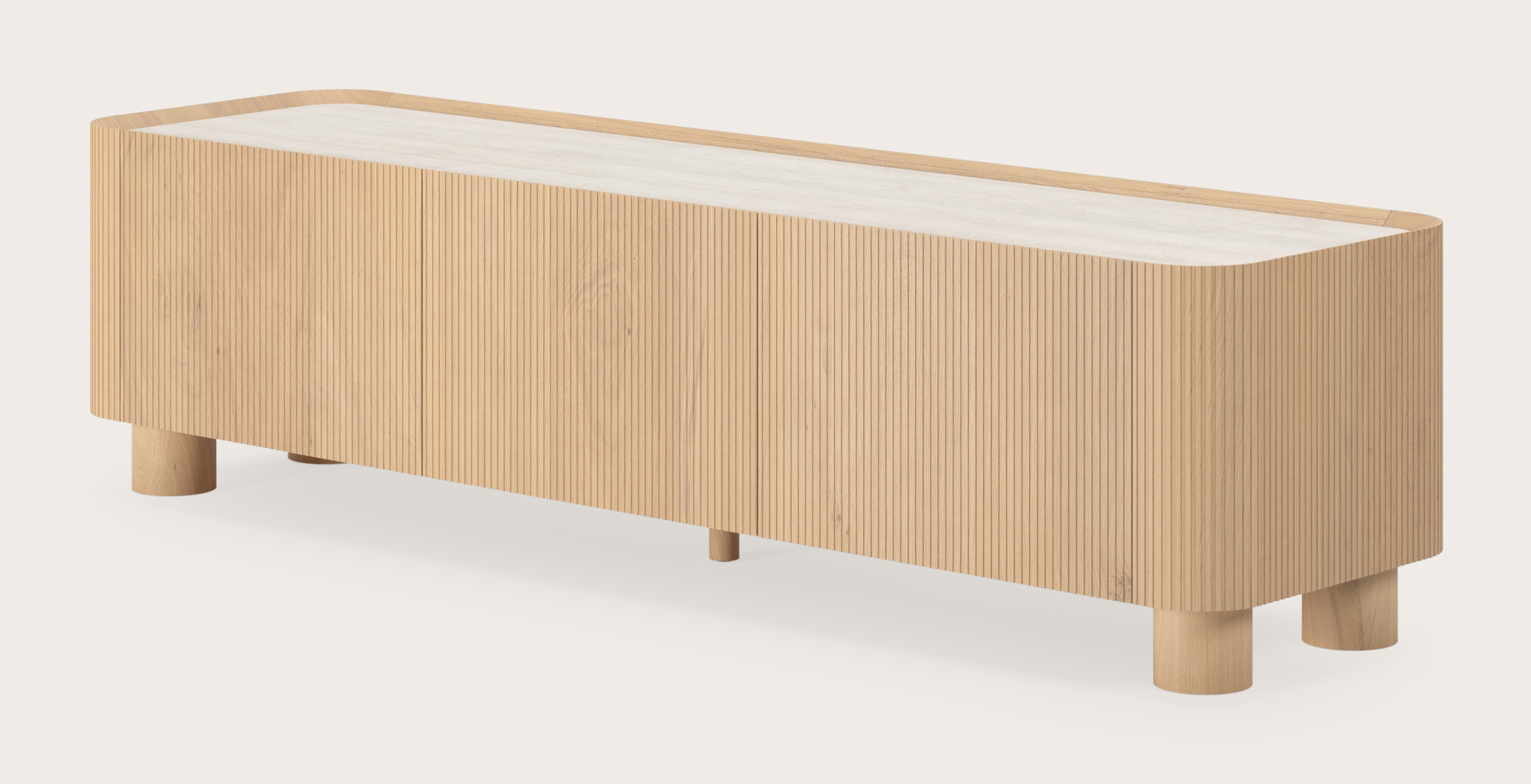 Grivato tv-meubel in natuurkleurige eik met ronde poten met volkeramisch Ceramo blad in kleur Travertino Bianco 169 x 45 cm