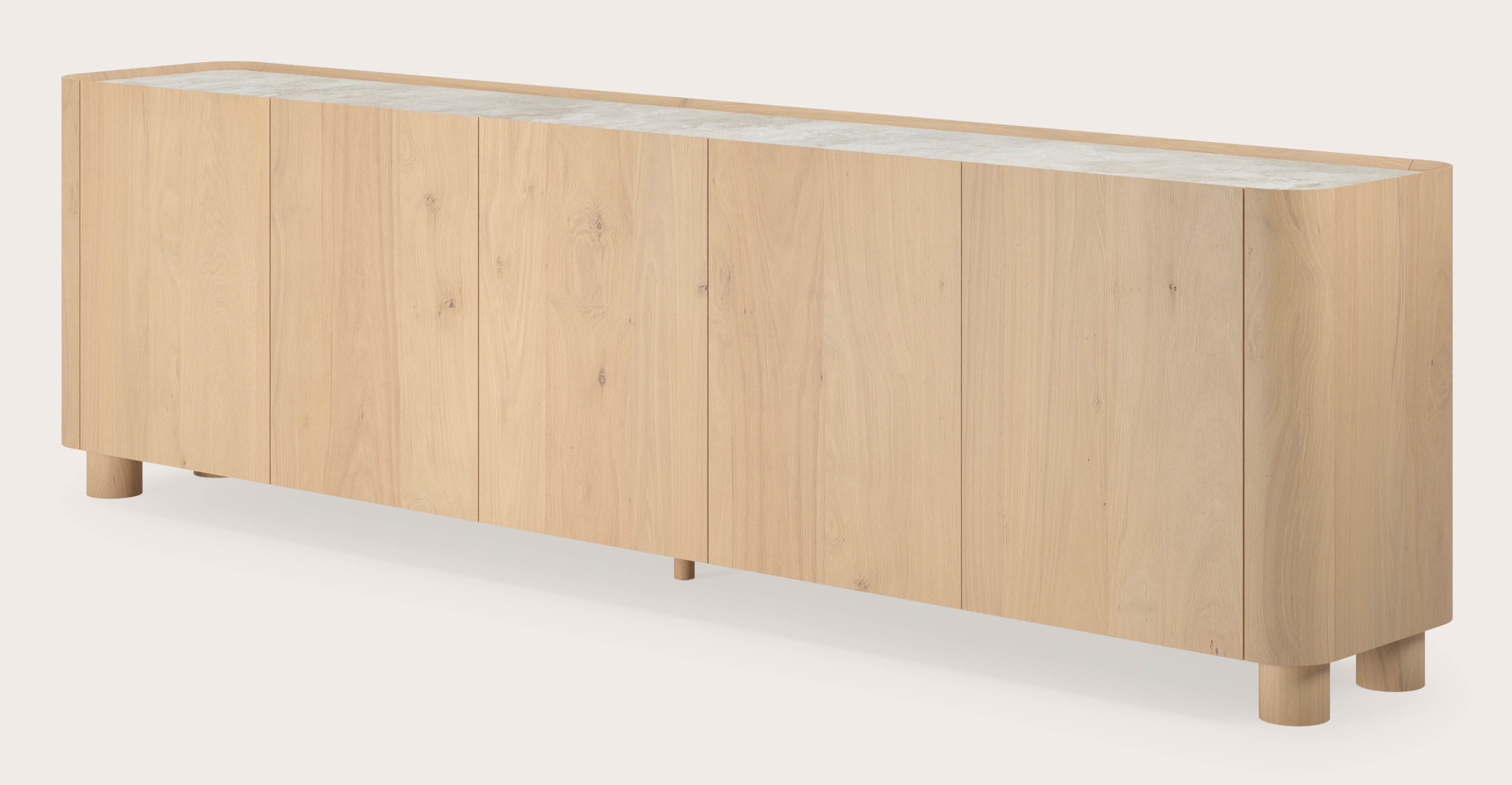 Buffet Curvato en chêne couleur naturelle avec pieds ronds en bois avec plateau Ceramo en céramique en couleur Rapolano 269 x 45 x 76 cm