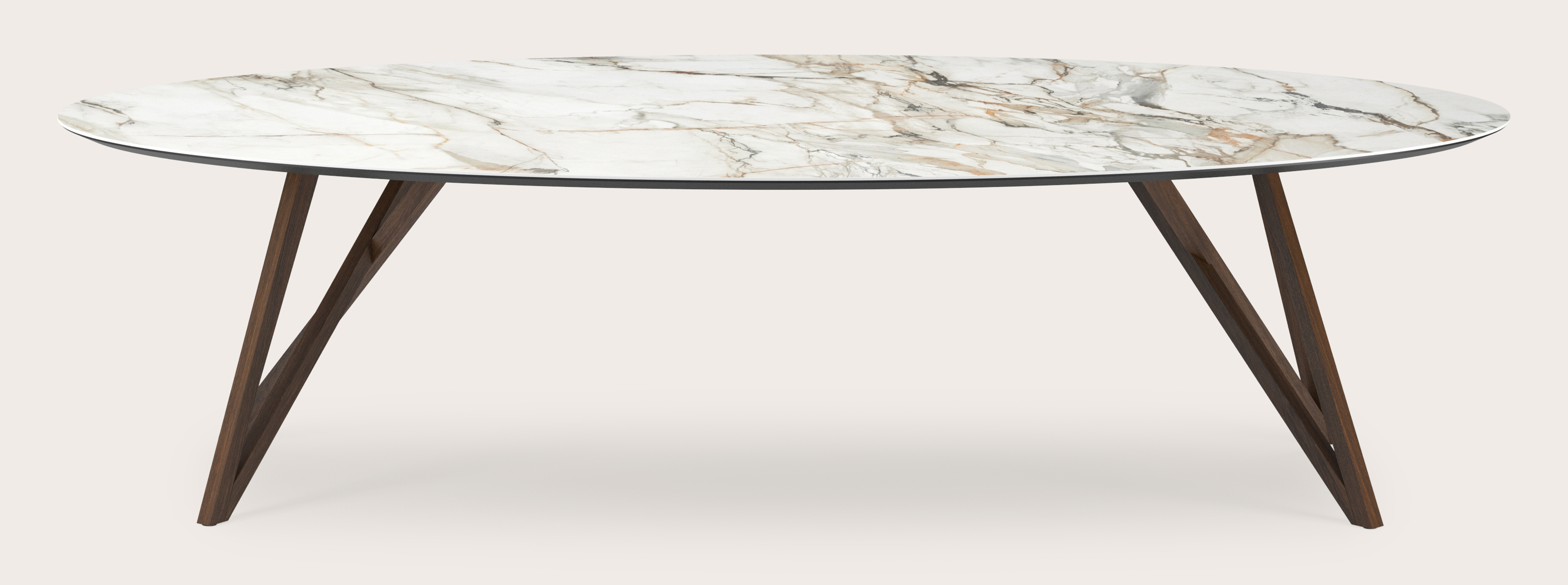 Table de salle à manger Ragno armature en chêne fumé avec plateau Ceramo ovale en céramique en couleur Calacatta Luxe 300 x 140 x 77 cm