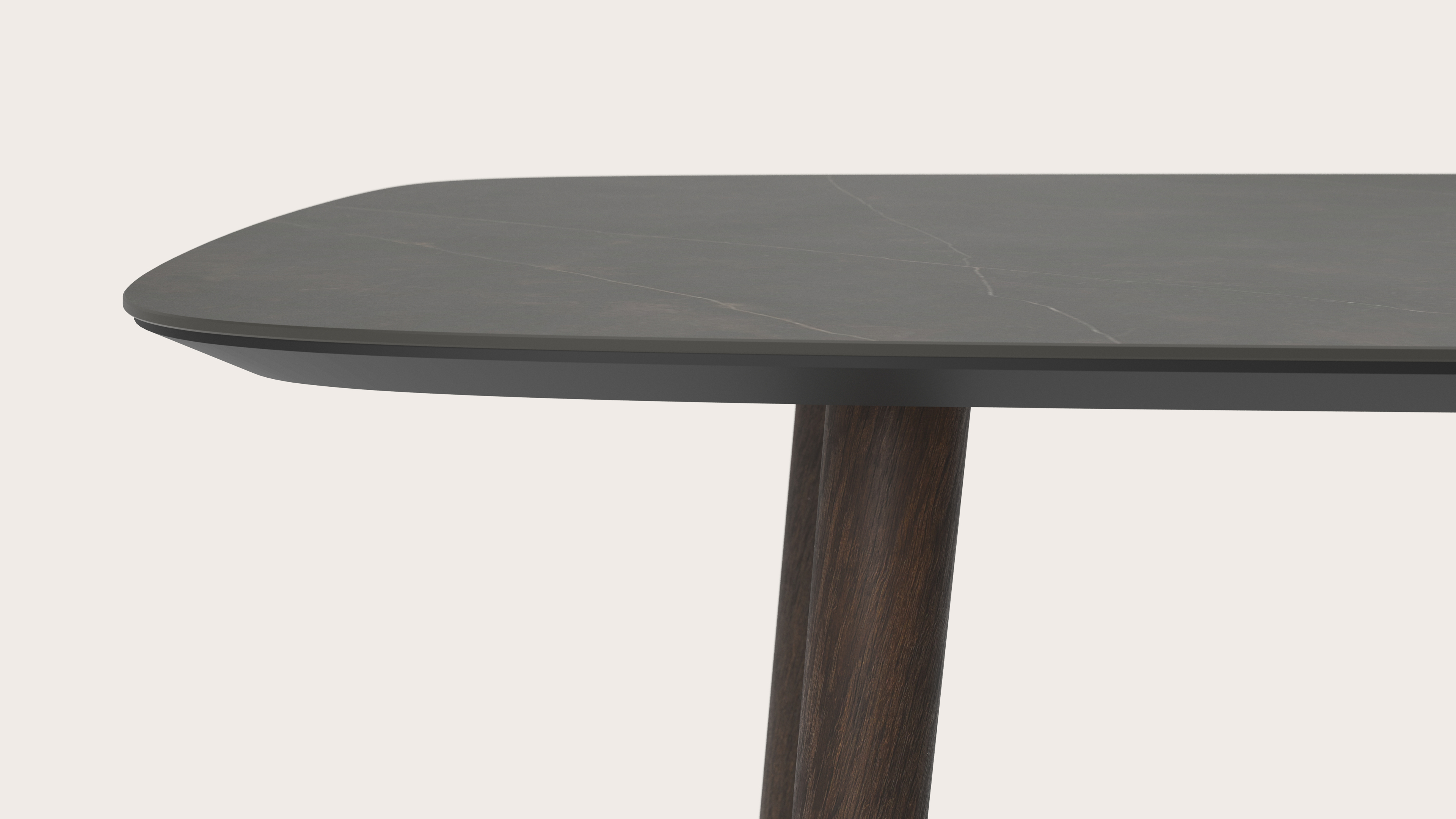 Eettafel Conico onderstel in gerookte eik met bootvormig volkeramisch Ceramo blad in kleur Calatorao 300 x 115 x 77 cm
