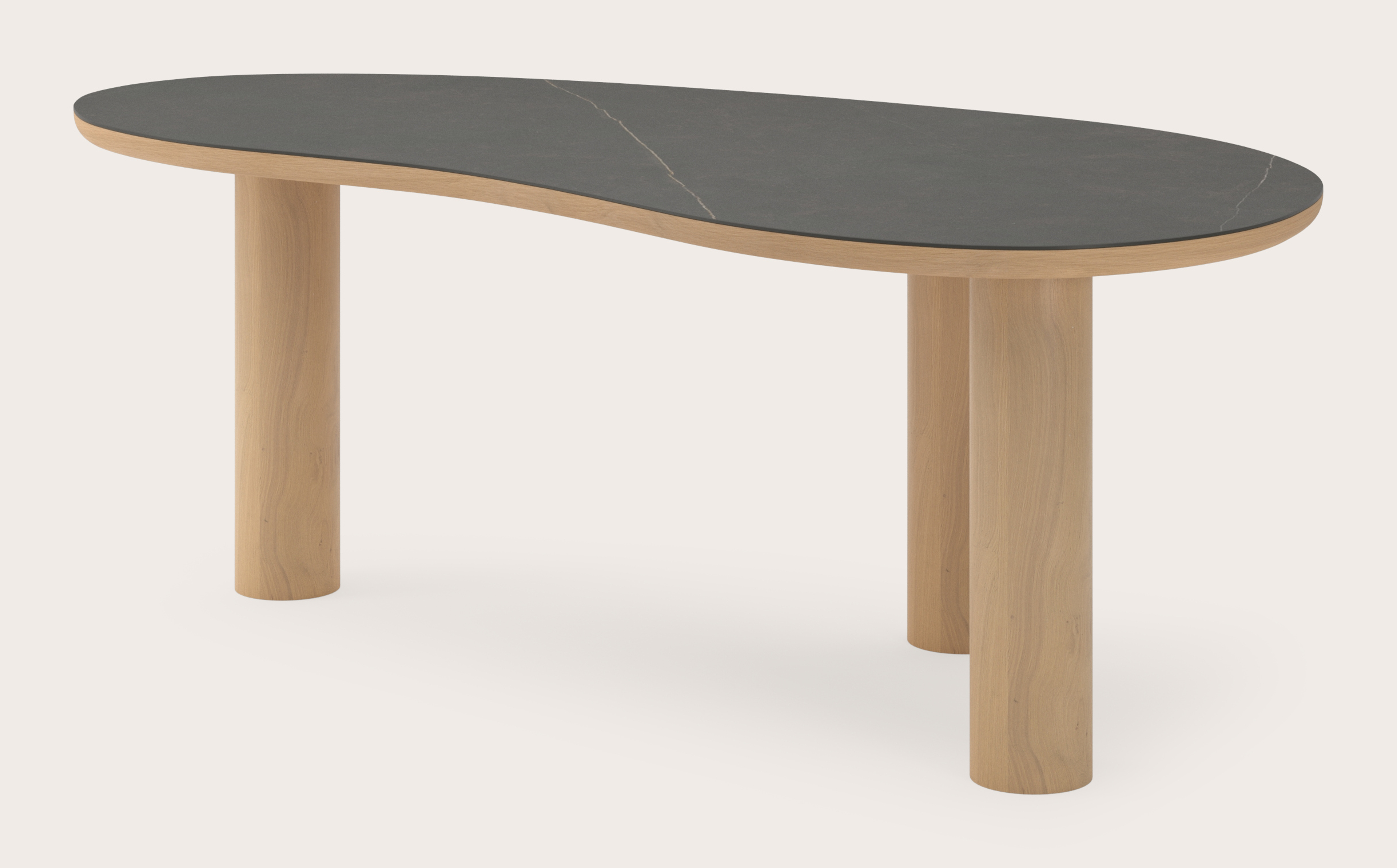 Table de salle à manger Amato Rondo armature en chêne couleur naturelle avec plateau Ceramo forme blob en céramique en couleur Calatorao 220 x 112 x 77 cm