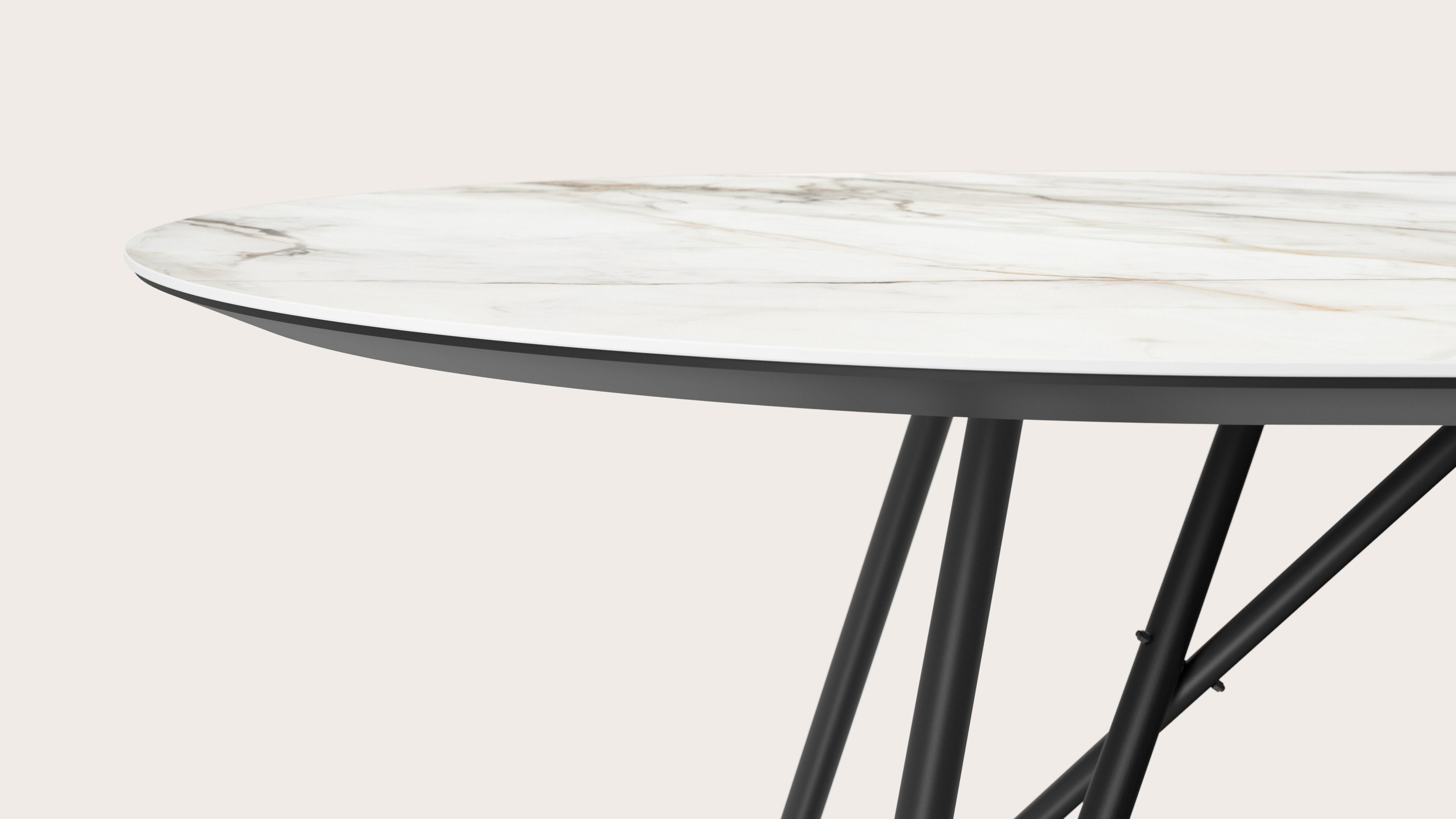 Eettafel Ragno onderstel in zwart metaal met plat ovaal volkeramisch Ceramo blad in kleur Calacatta Luxe 300 x 120 x 77 cm 