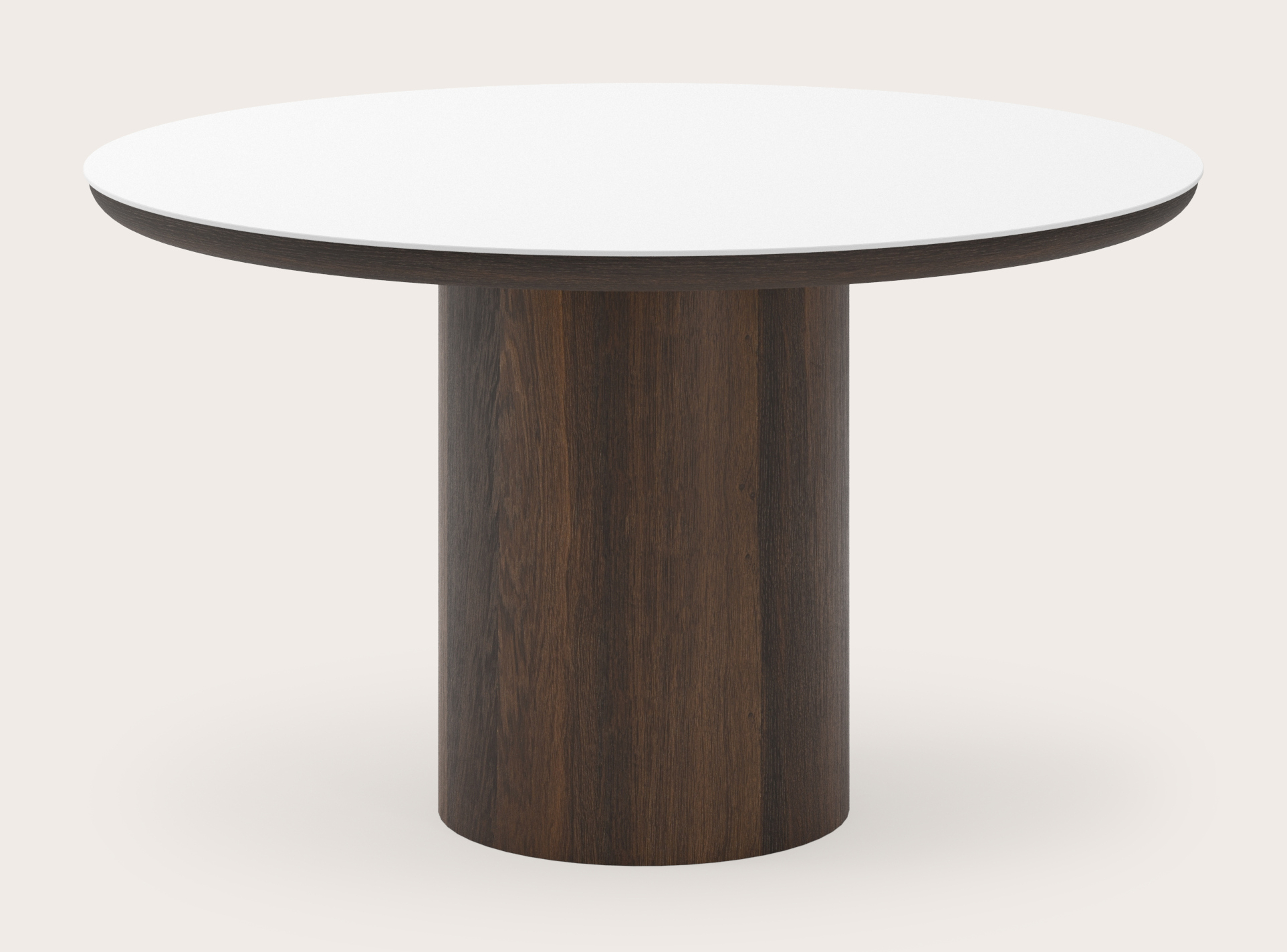Table de salle à manger Amato Rondo armature en chêne fumé avec plateau Ceramo rond en céramique en couleur Arctic White Ø130 x 76 cm