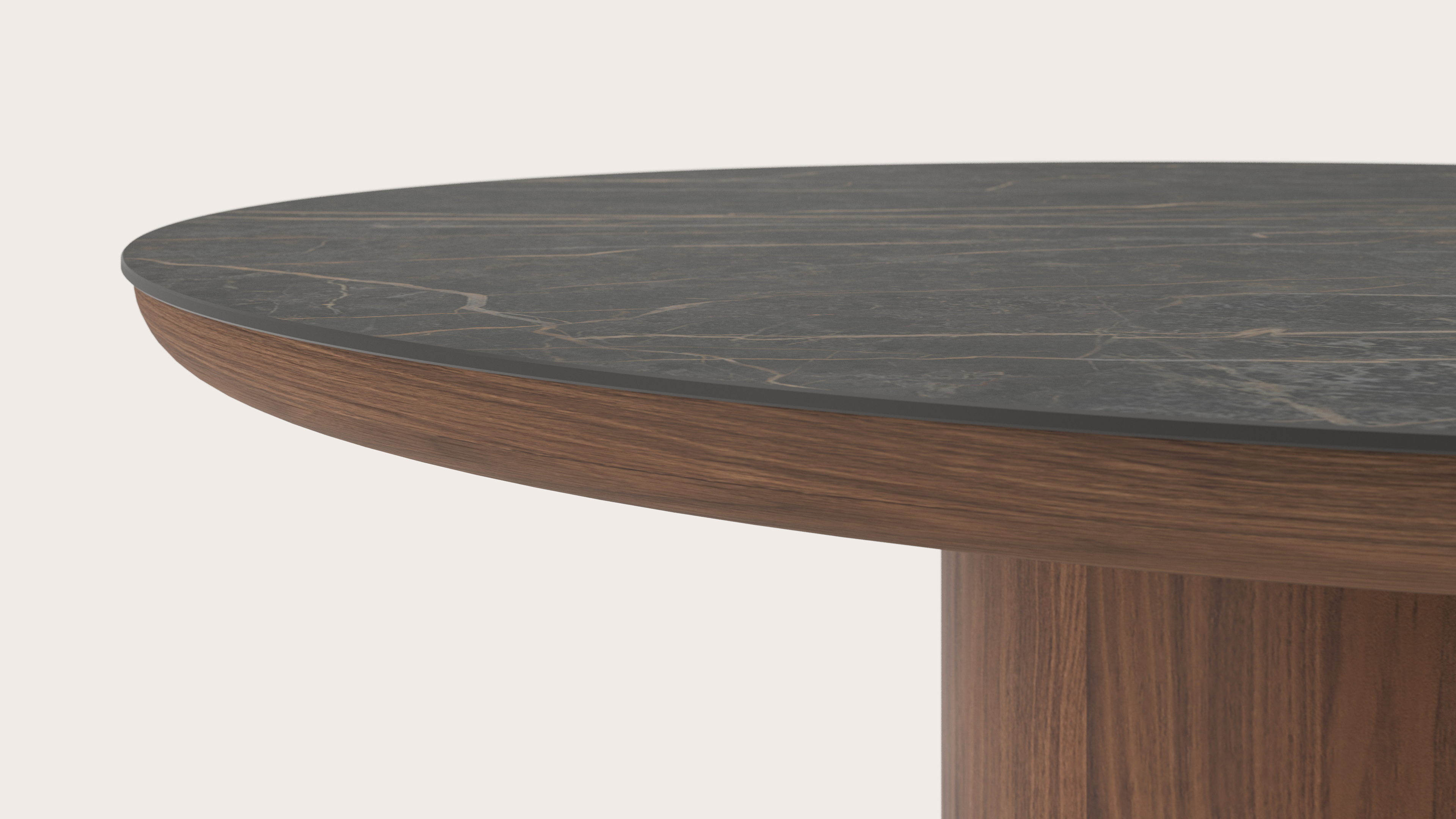 Table de salle à manger Amato Rondo armature en noyer avec plateau Ceramo rond en céramique en couleur Black Obsession Ø130 x 76 cm