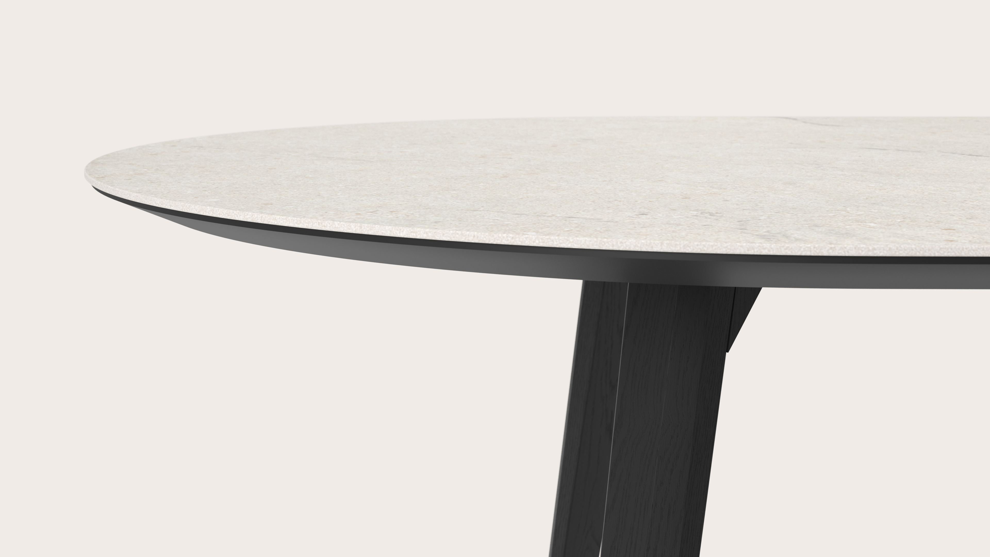 Eettafel Clino onderstel in zwarte eik met plat ovaal volkeramisch Ceramo blad in kleur Shilin 300 x 120 x 77 cm
