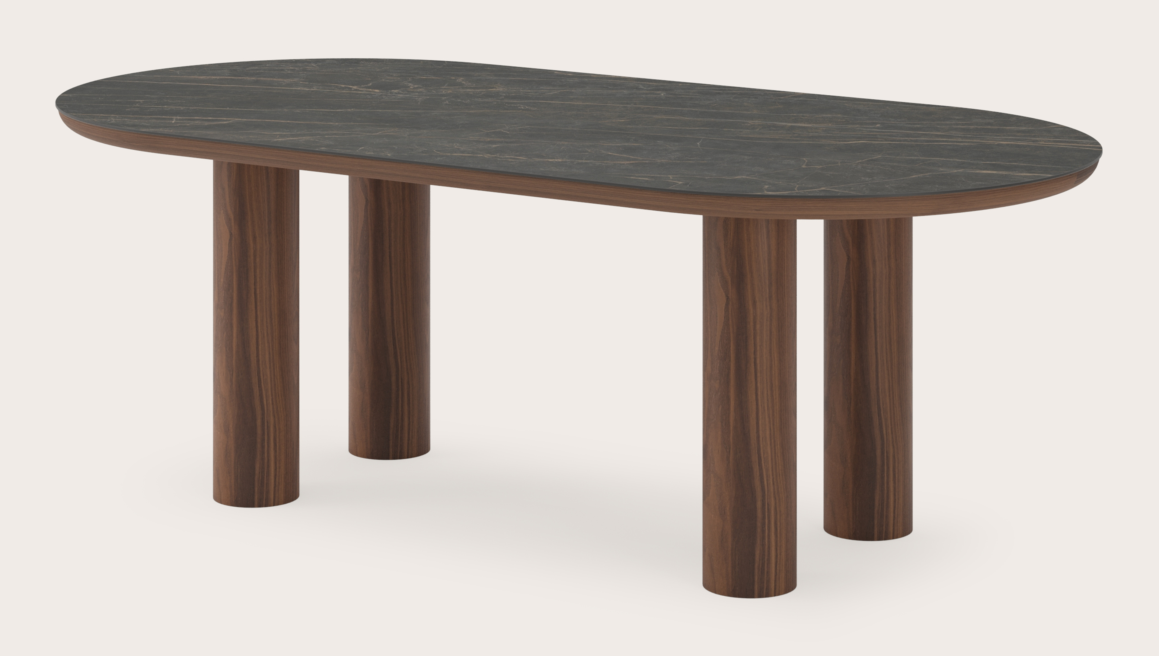 Eettafel Amato Rondo onderstel in walnoot met plat ovaal volkeramisch Ceramo blad in kleur Black Obsession 220 x 110 x 76 cm