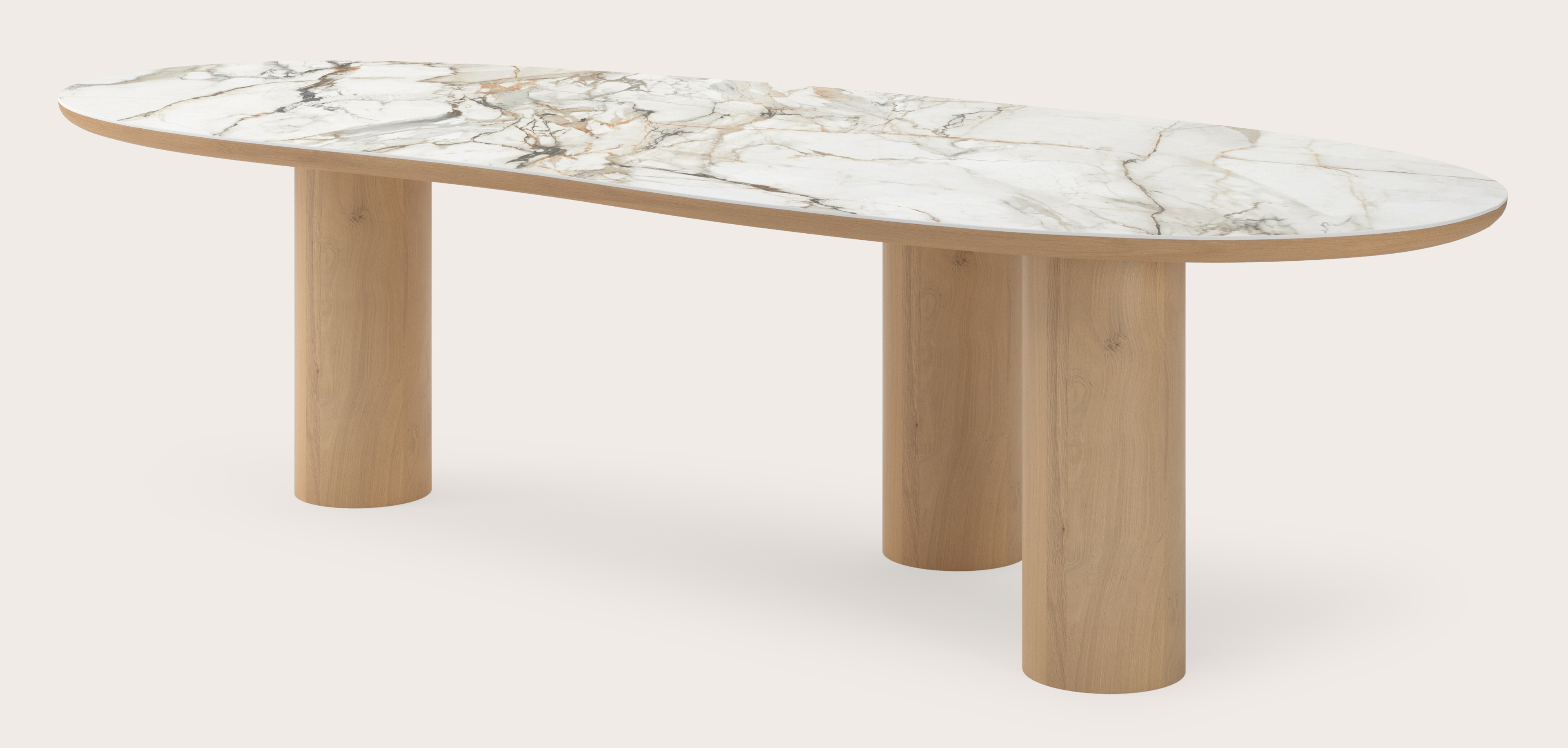 Table de salle à manger Amato Rondo armature en chêne couleur naturelle avec plateau Ceramo forme blob en céramique en couleur Calacatta Luxe 300 x 122 x 77 cm