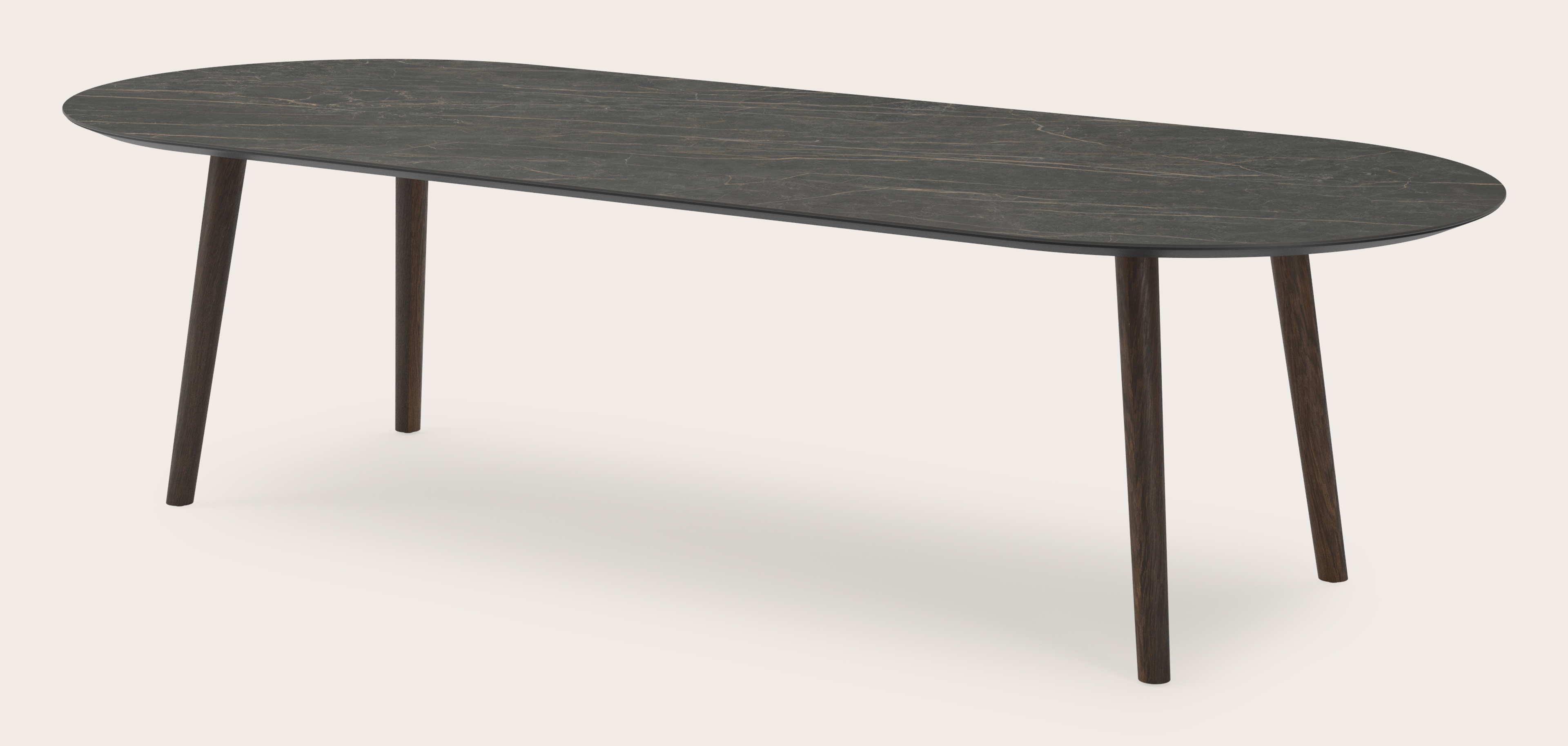 Table de salle à manger Conico armature en chêne fumé avec plat plateau Ceramo ovale en céramique en couleur Black Obsession 300 x 120 x 77 cm