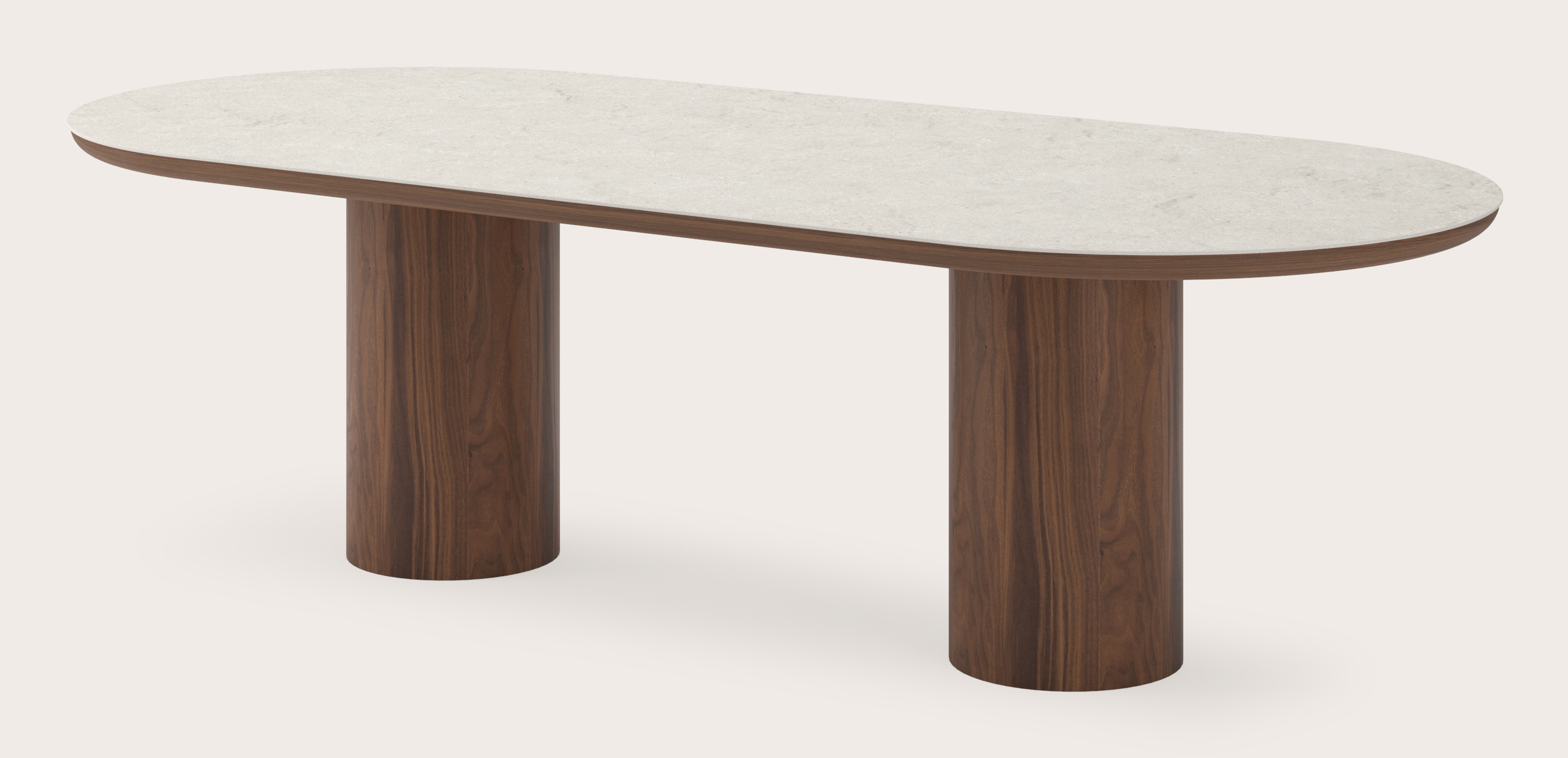 Eettafel Amato Rondo onderstel in walnoot met plat ovaal volkeramisch Ceramo blad in kleur Shilin 260 x 115 x 76 cm