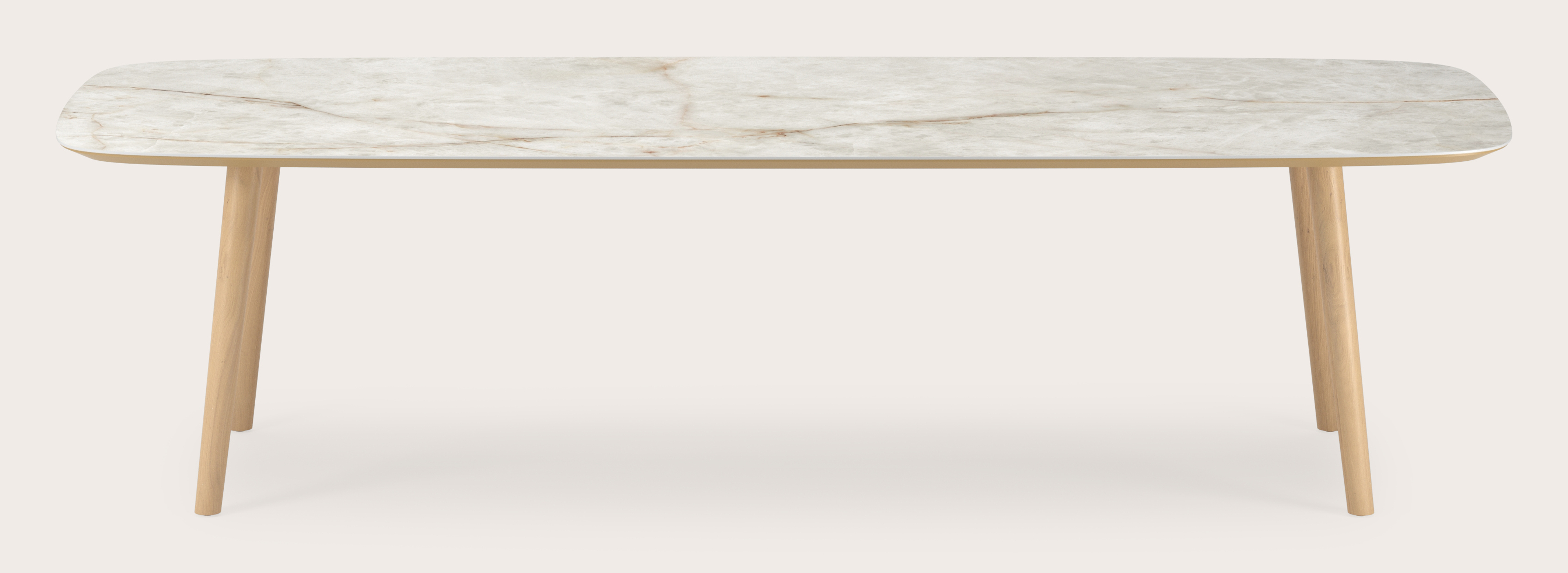 Table de salle à manger Conico armature en chêne couleur naturelle avec plateau Ceramo forme arrondi en céramique en couleur Himalaya 300 x 115 x 77 cm