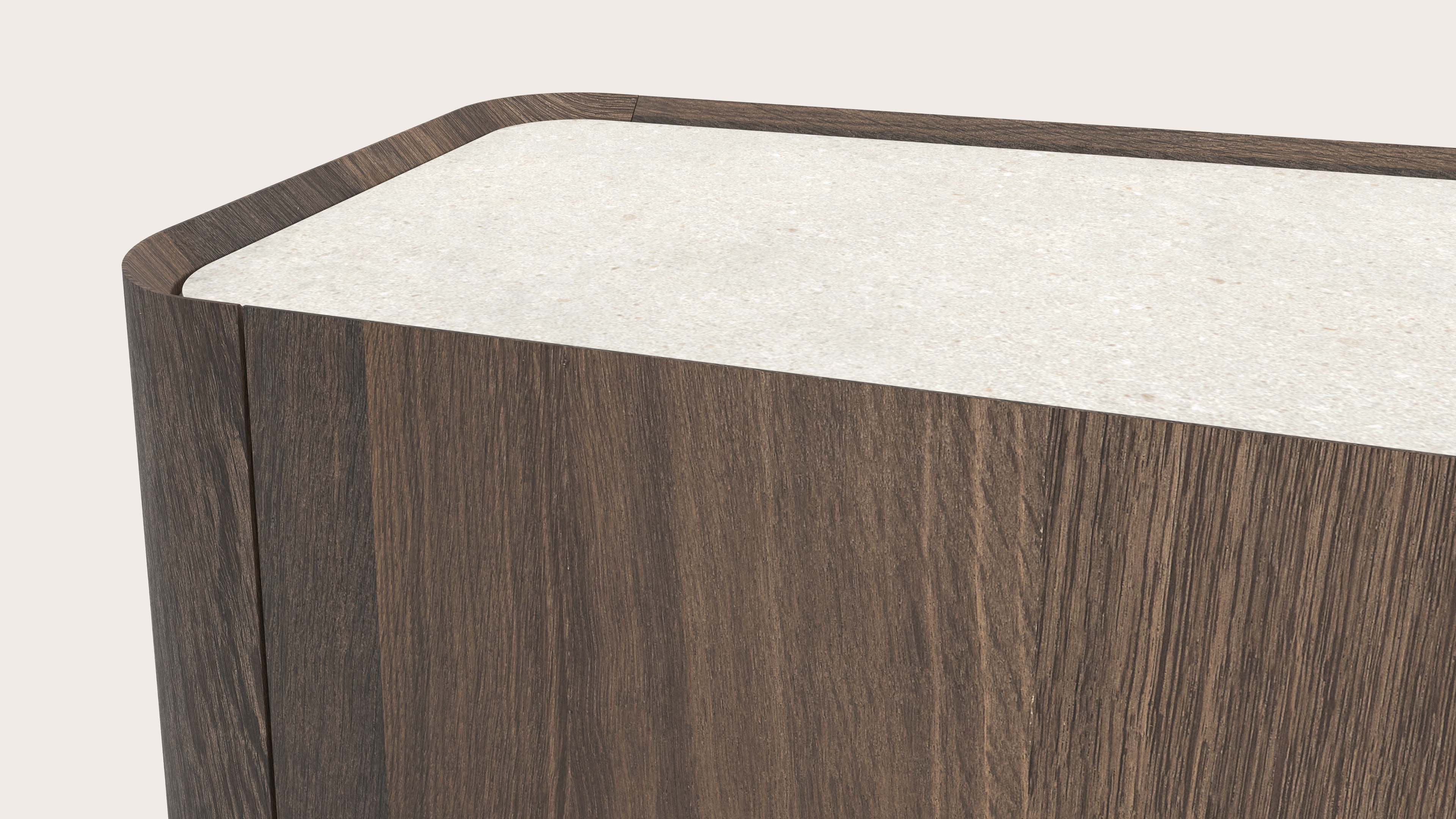 Curvato tv-meubel in gerookte eik met ronde metalen poten met volkeramisch Ceramo blad in kleur Shilin 203 x 45 x 52 cm