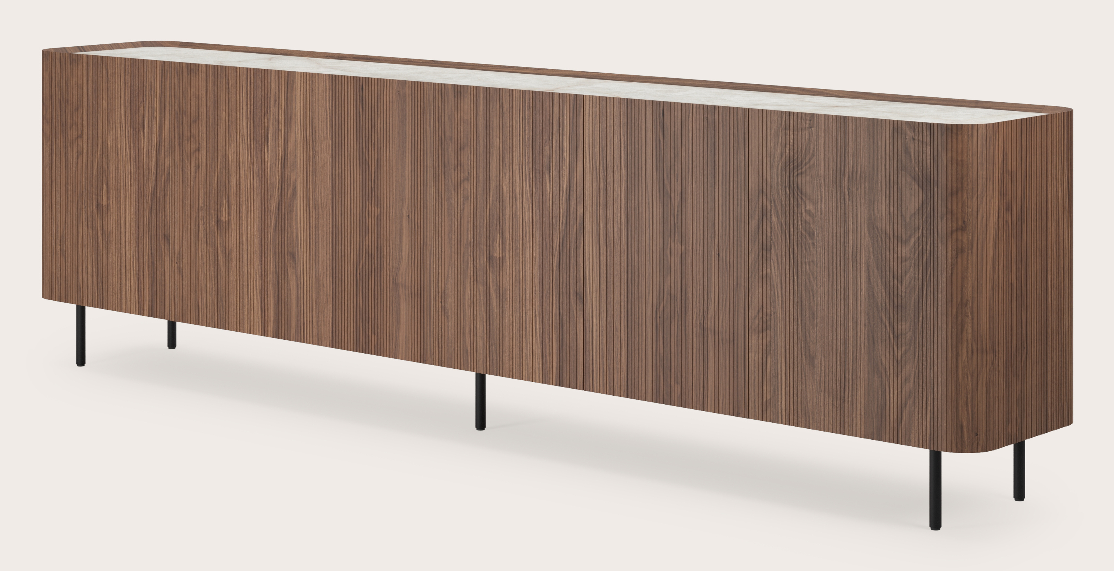 Grivato dressoir in walnoot met ronde poten met volkeramisch Ceramo blad in kleur Himalaya 294 x 45 cm