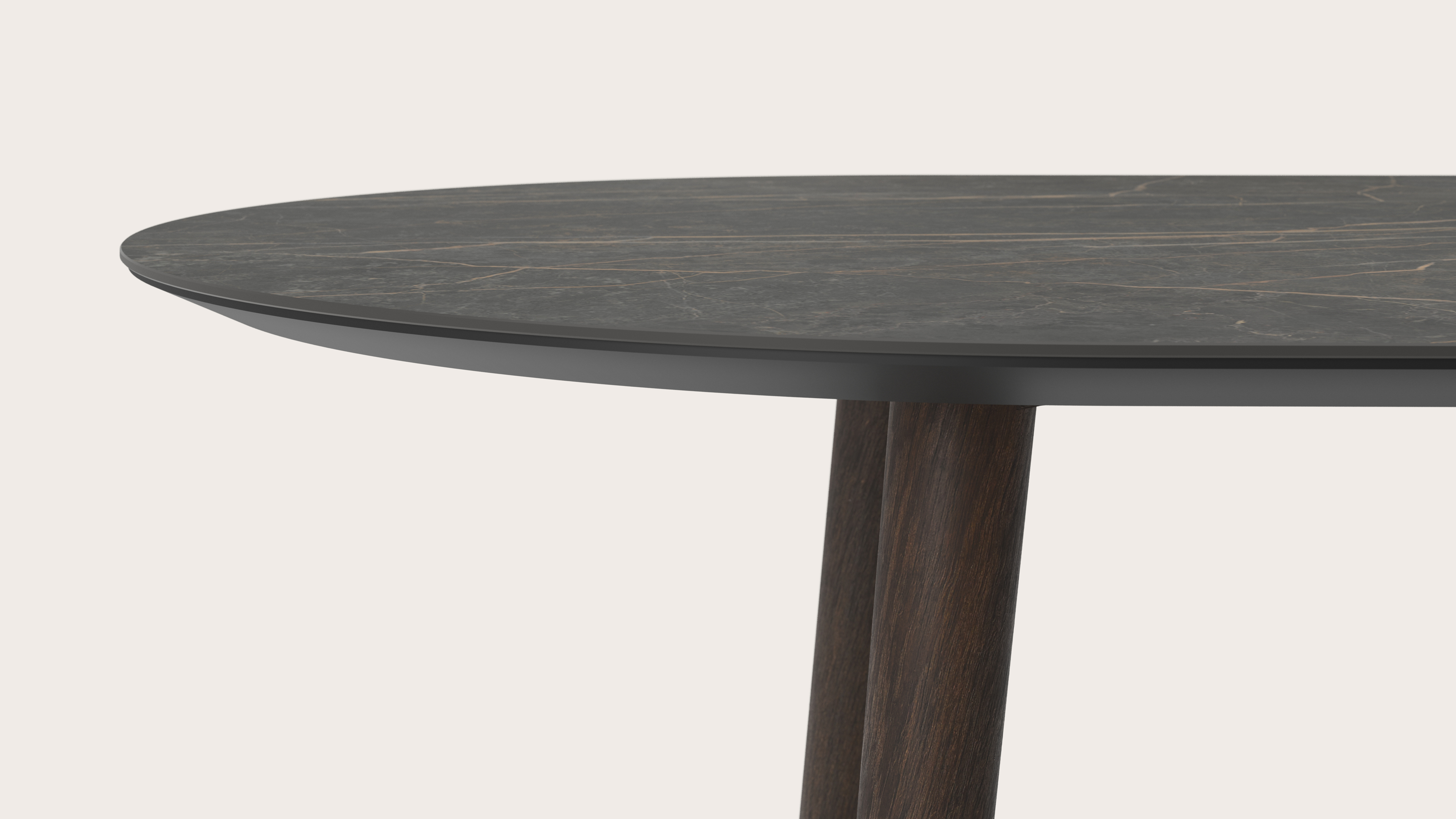 Eettafel Conico onderstel in gerookte eik met plat ovaal volkeramisch Ceramo blad in kleur Black Obsession 220 x 110 x 77 cm
