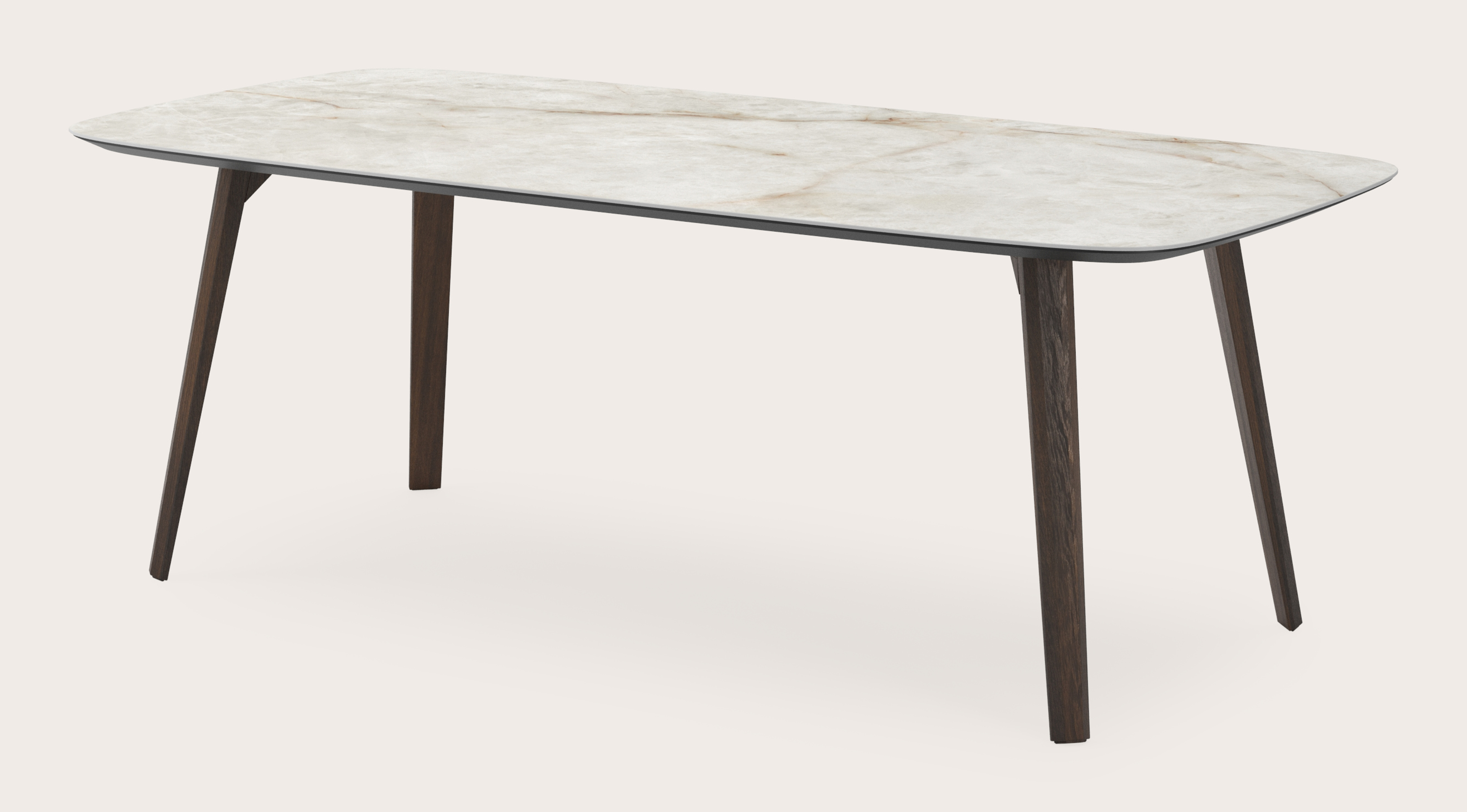Eettafel Clino onderstel in gerookte eik met bootvormig volkeramisch Ceramo blad in kleur Himalaya 200 x 105 x 77 cm