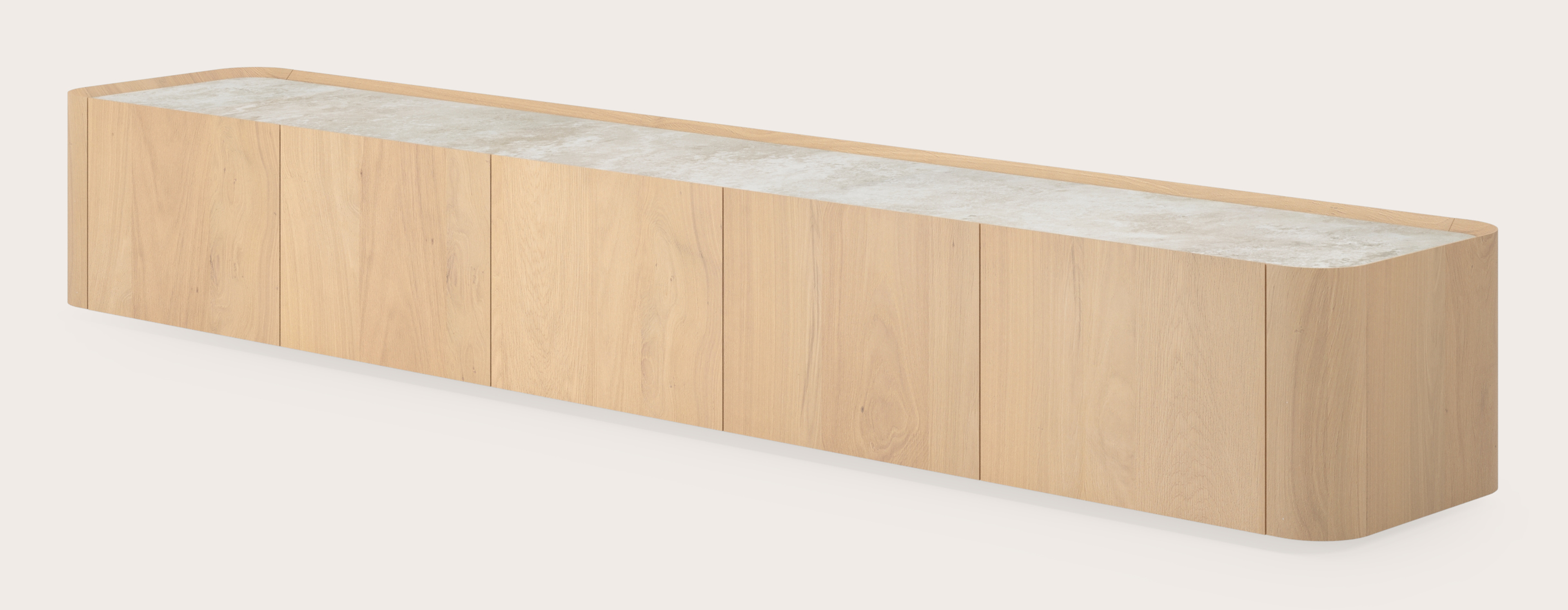 Curvato tv-meubel in natuurkleurige eik met volkeramisch Ceramo blad in kleur Rapolano 249 x 45 x 34 cm