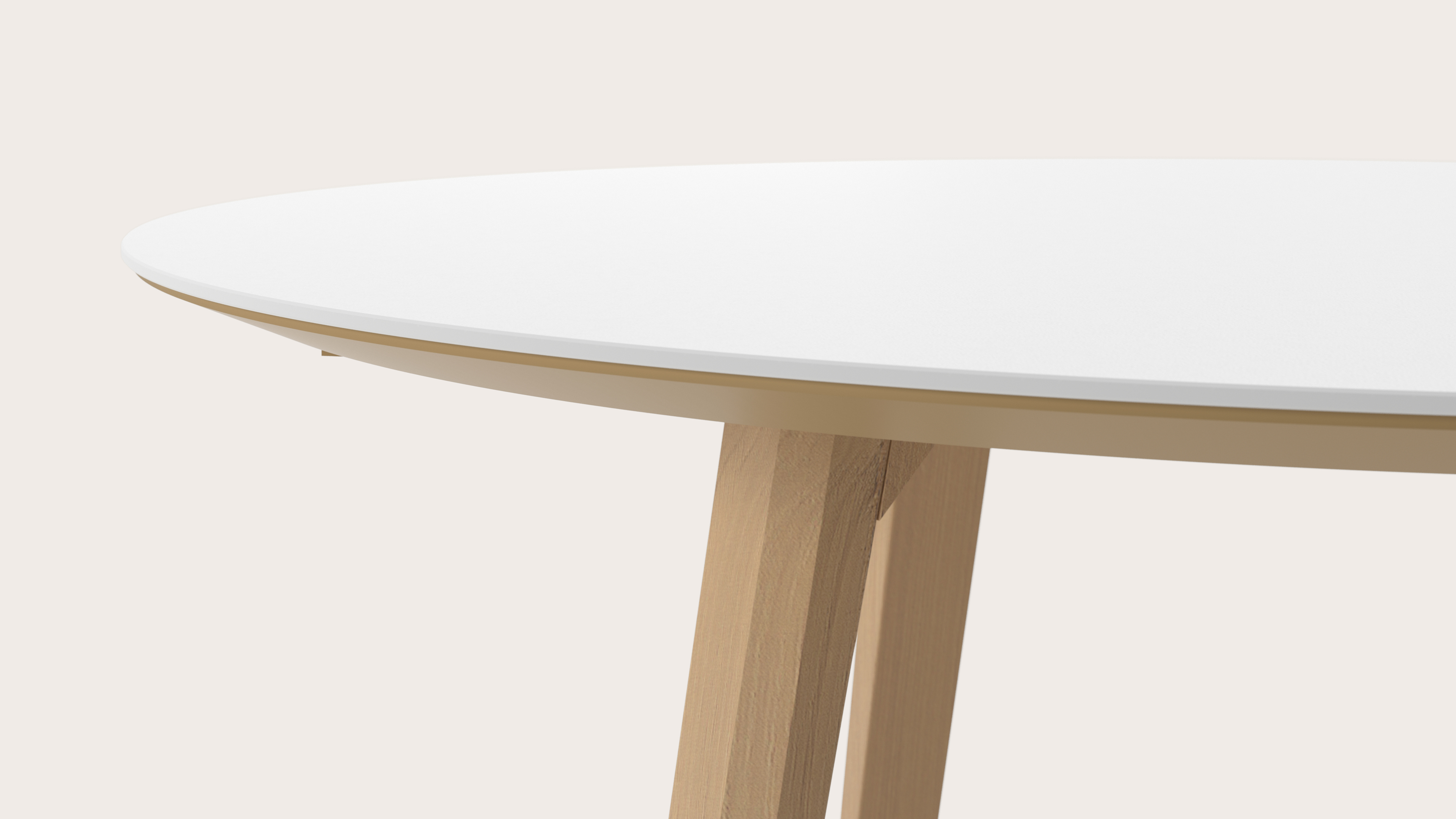 Eettafel Clino onderstel in natuurkleurige eik met rond volkeramisch Ceramo blad in kleur Arctic White Ø120 x 77 cm