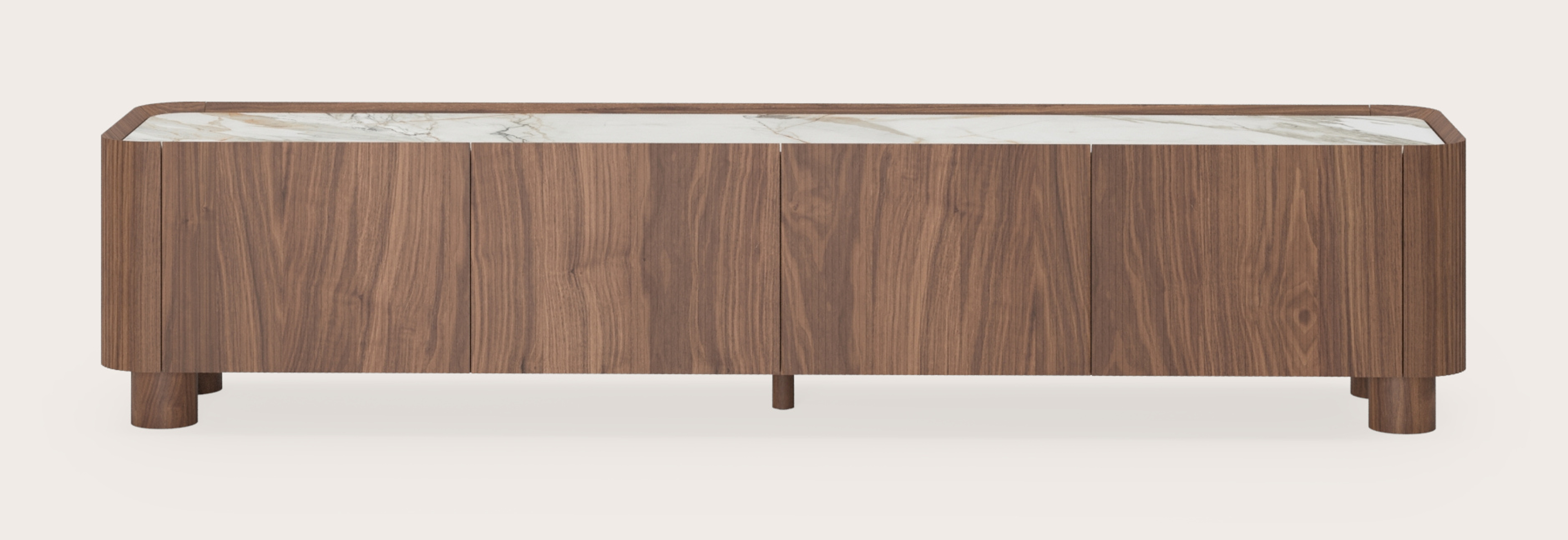 Meuble tv Grivato en noyer avec pieds ronds en bois avec plateau Ceramo en céramique en couleur Calacatta Luxe 203 x 45 x 44 cm