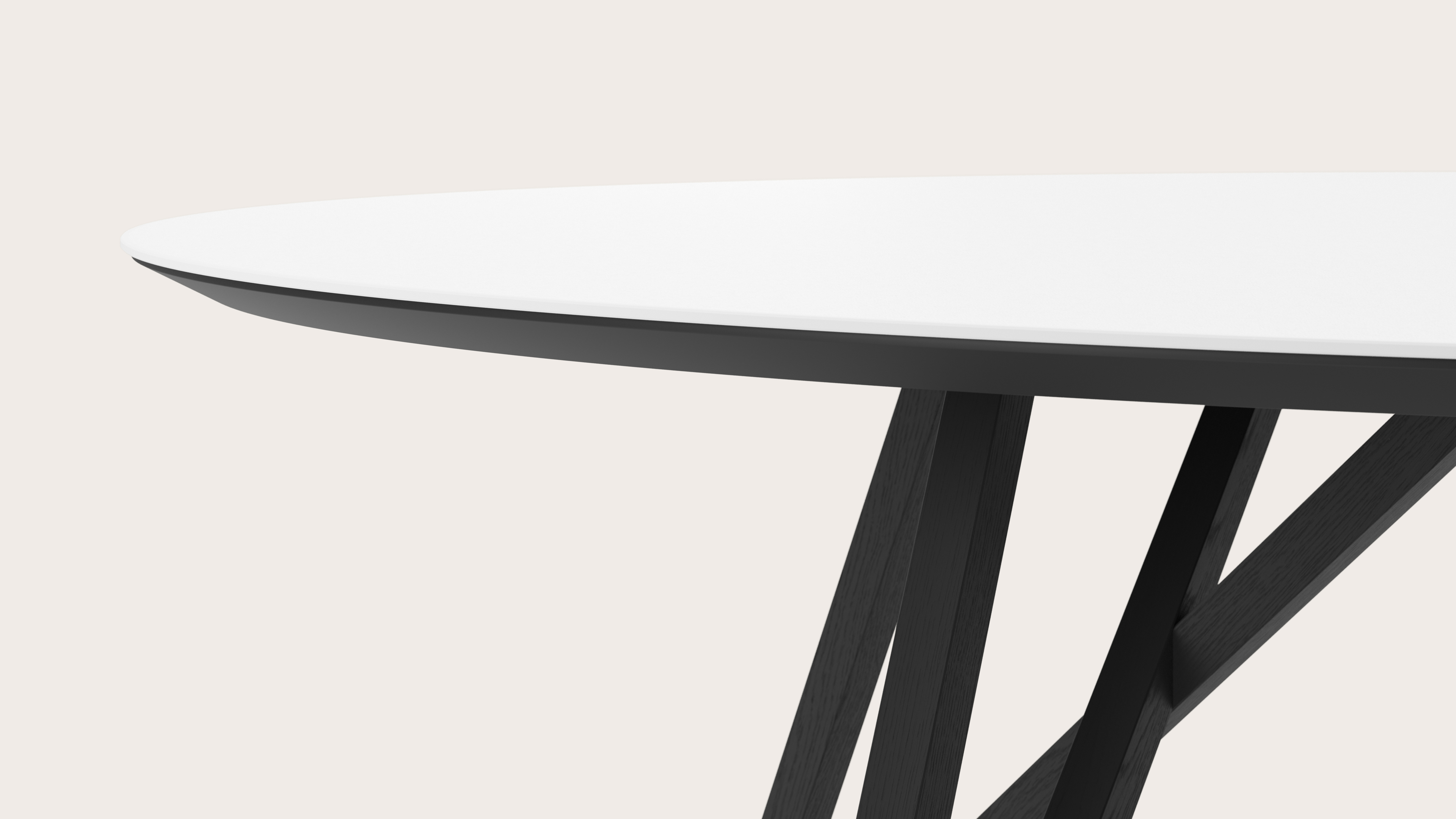 Eettafel Ragno onderstel in zwarte eik met ovaal volkeramisch Ceramo blad in kleur Arctic White 220 x 120 x 77 cm