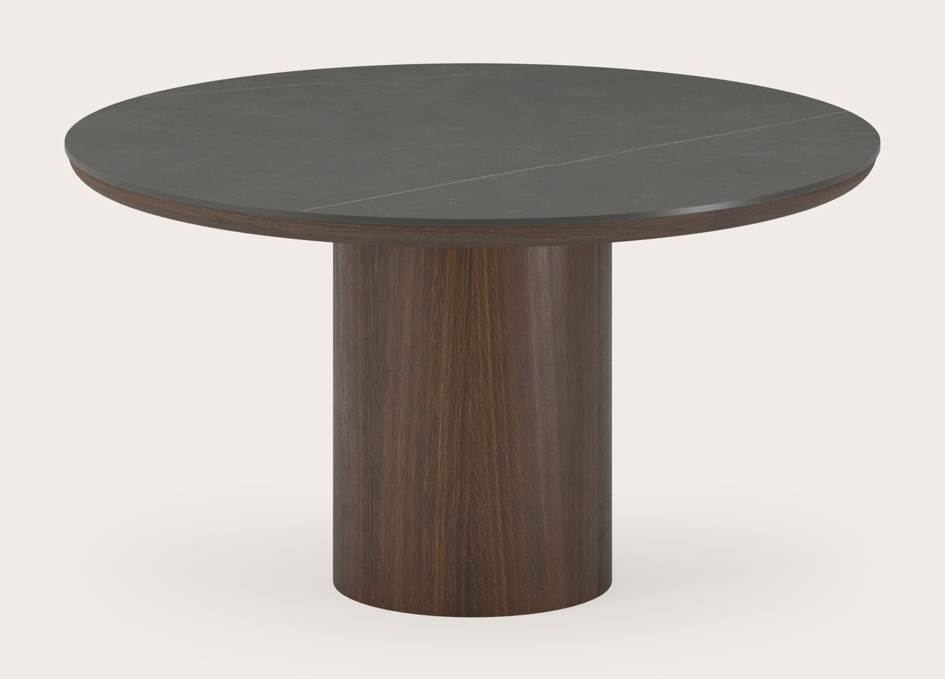 Eettafel Amato Rondo onderstel in gerookte eik met rond volkeramisch Ceramo blad in kleur Calatorao Ø140 x 76 cm