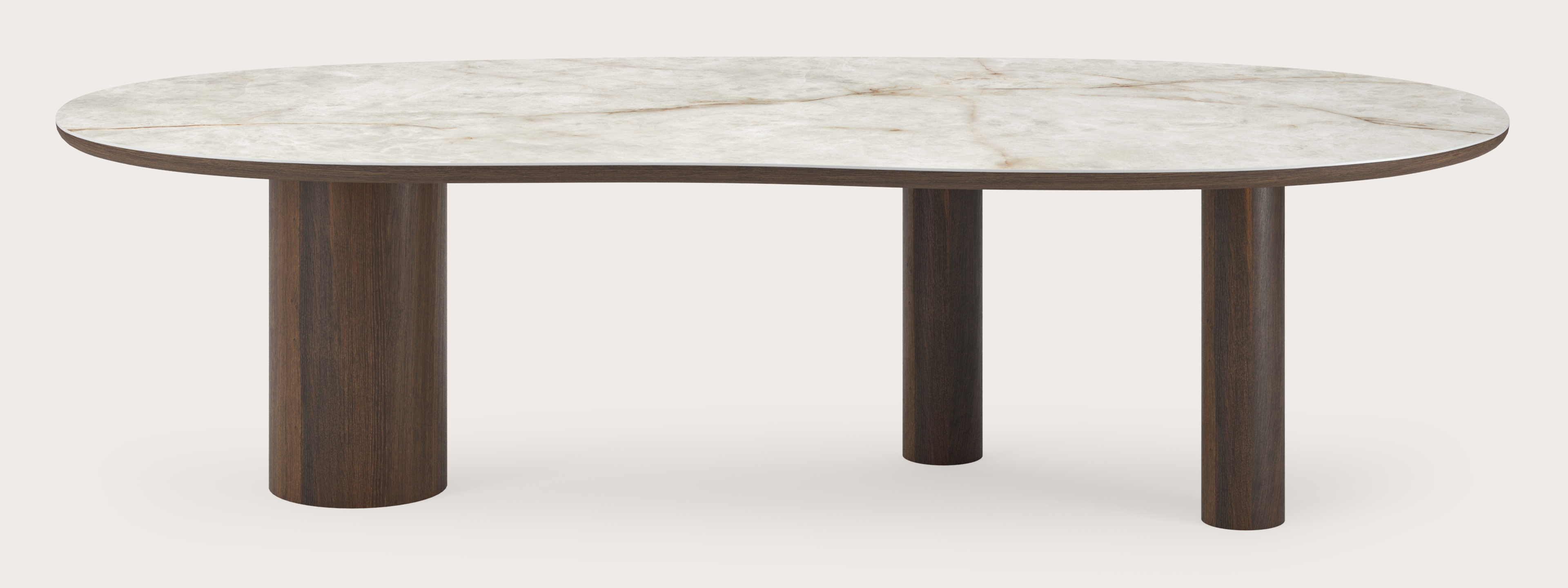 Eettafel Amato Rondo onderstel in gerookte eik met Blobvormig volkeramisch Ceramo blad in kleur Himalaya 300 x 122 x 77 cm