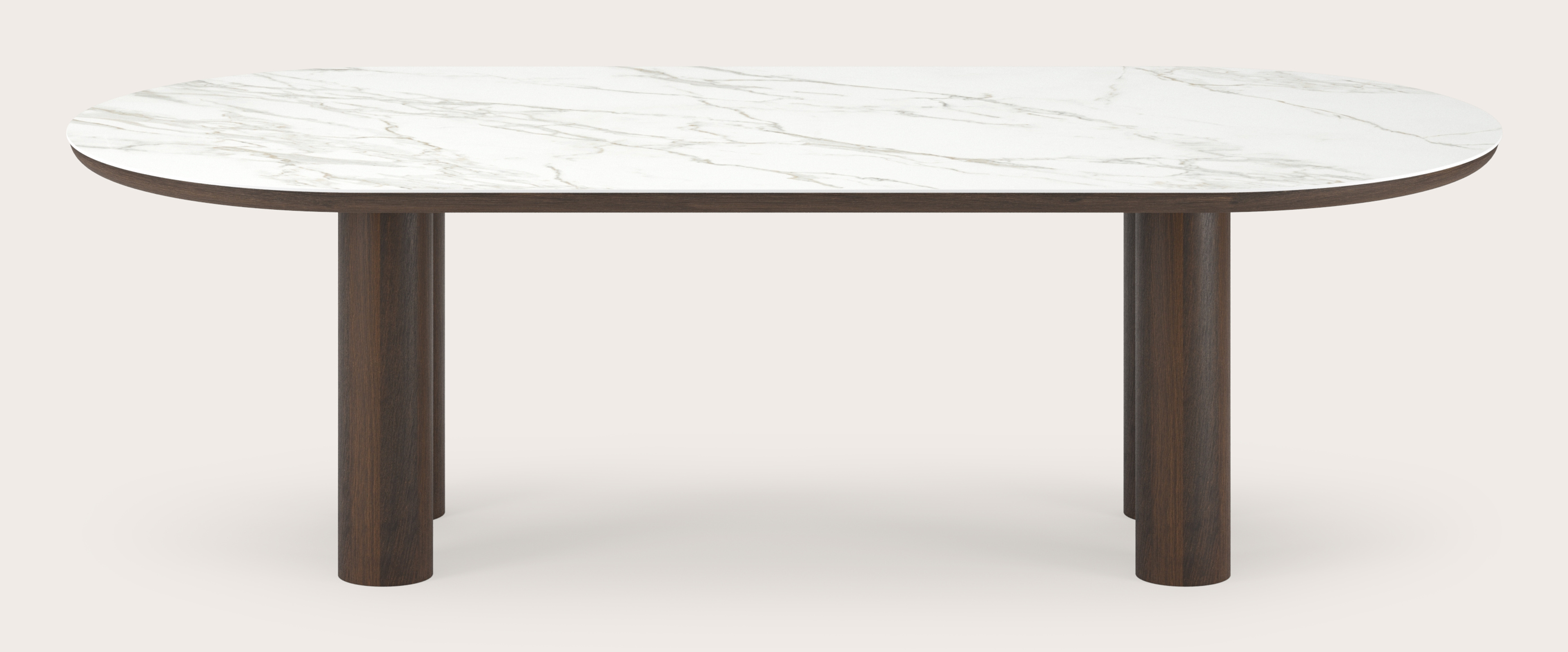 Eettafel Amato Rondo onderstel in gerookte eik met plat ovaal volkeramisch Ceramo blad in kleur Calacatta 260 x 115 x 76 cm