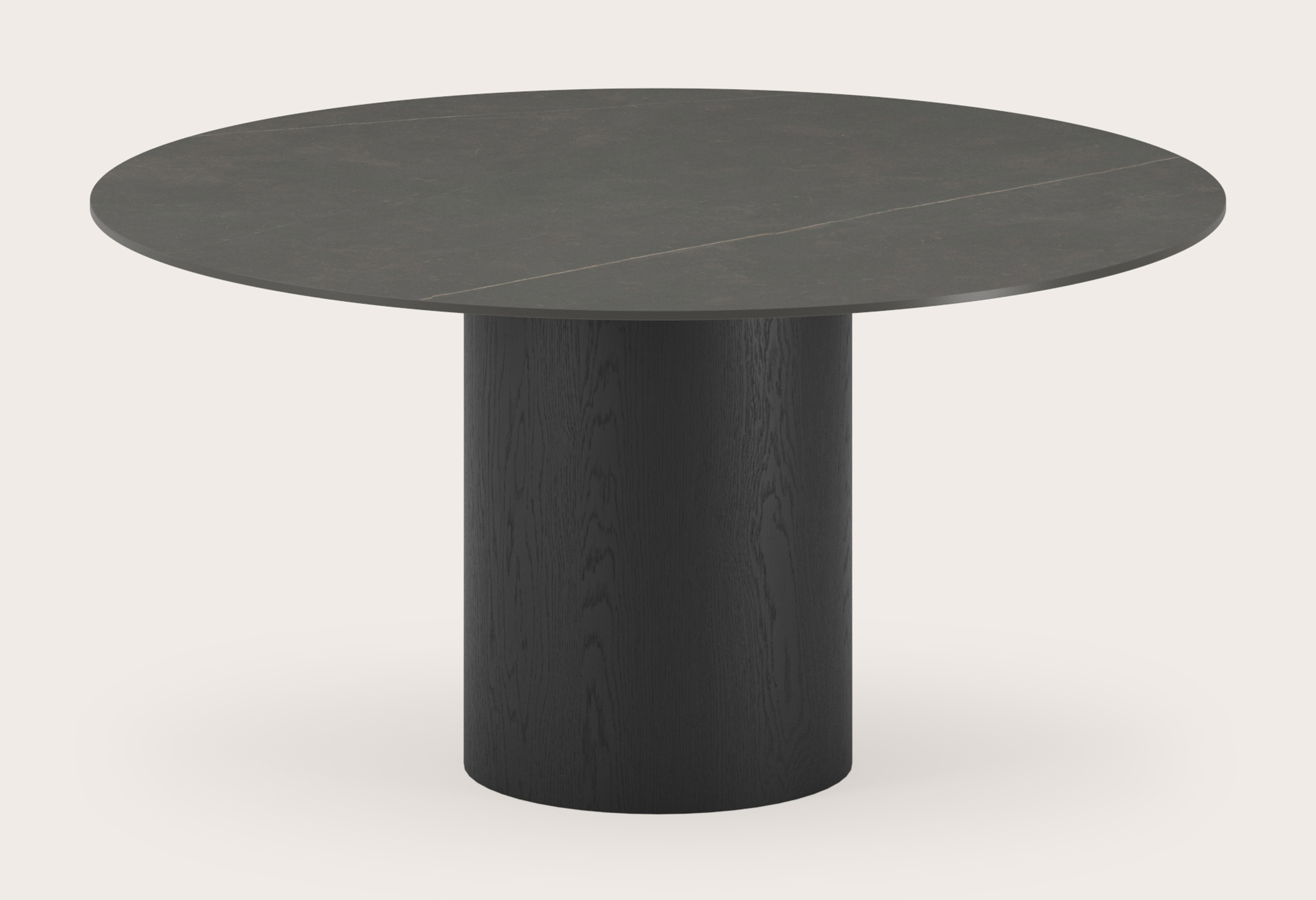 Eettafel low dining Amato Rondo onderstel in zwarte eik met rond volkeramisch Ceramo Lux blad in kleur Calatorao Ø140 x 69 cm