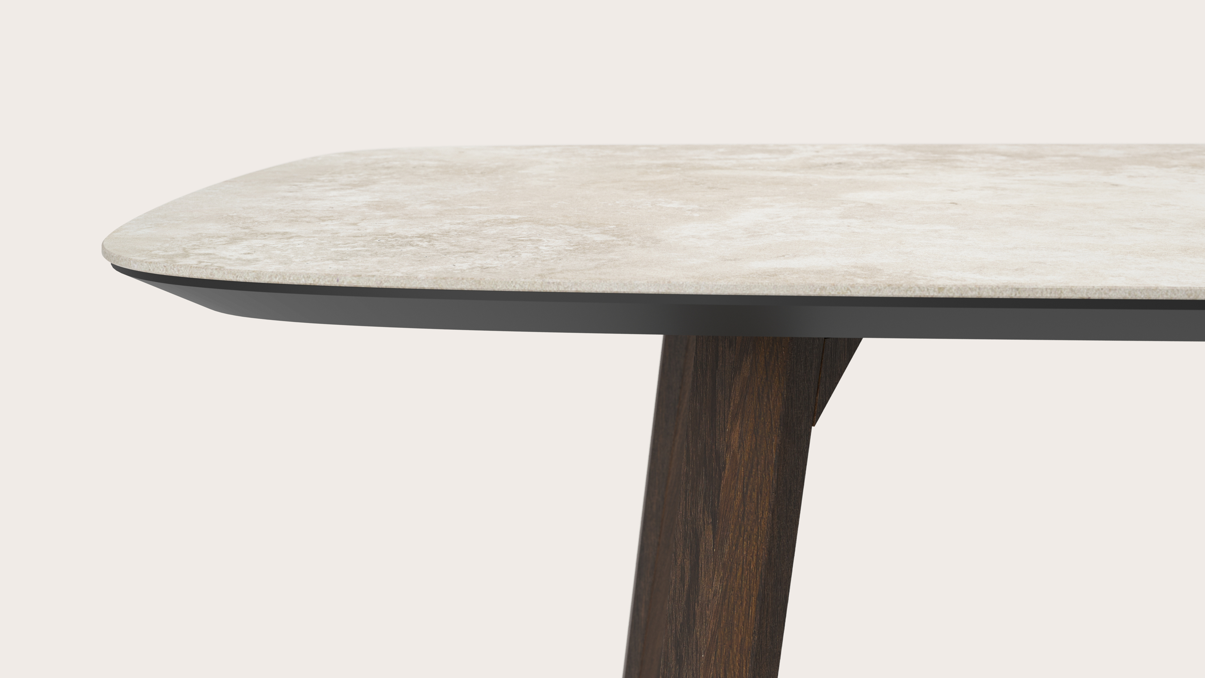 Eettafel Clino onderstel in gerookte eik met bootvormig volkeramisch Ceramo blad in kleur Rapolano 300 x 115 x 77 cm
