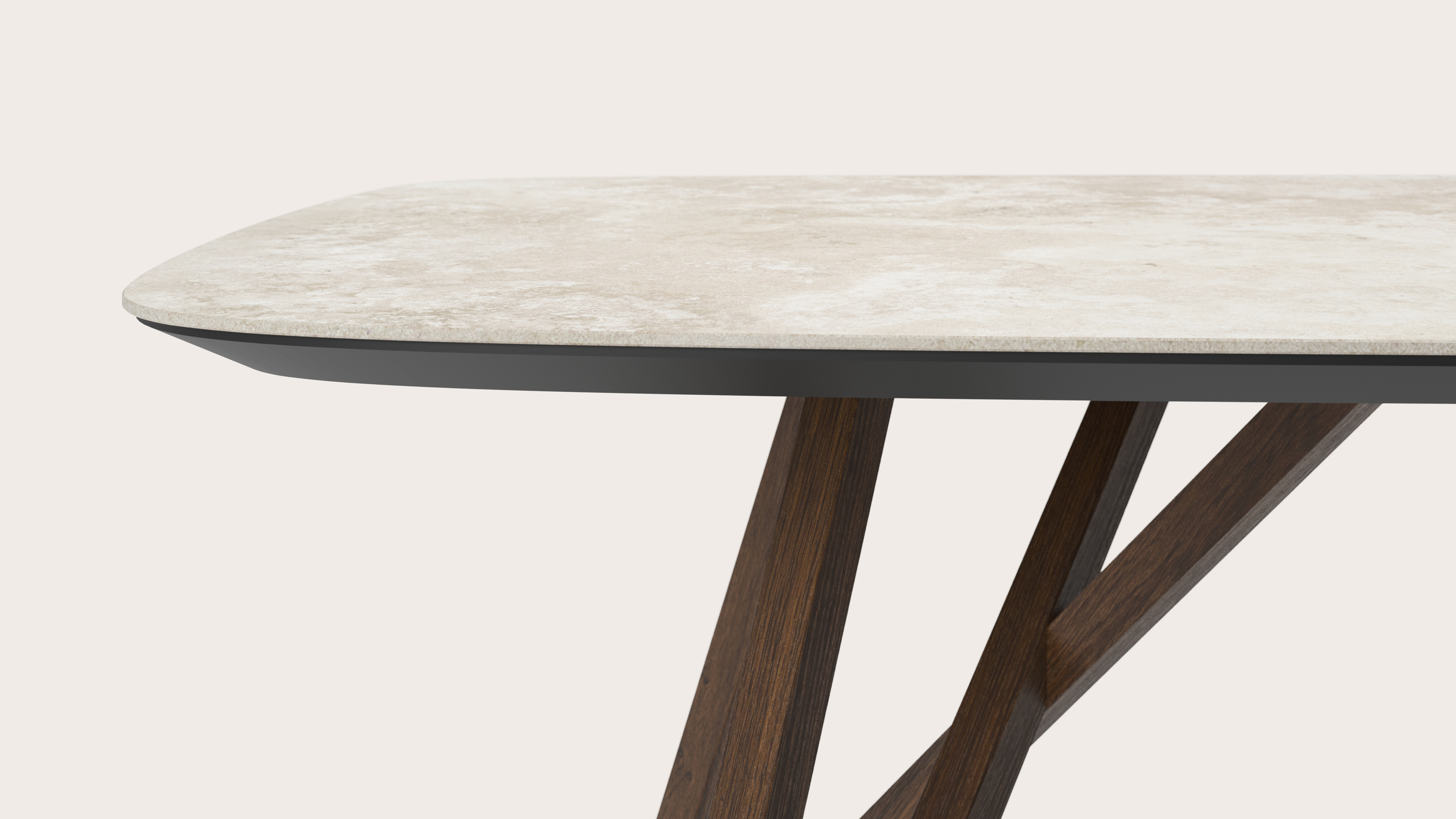 Table de salle à manger Ragno armature en chêne fumé avec plateau Ceramo forme arrondie en céramique en couleur Rapolano 260 x 110 x 77 cm