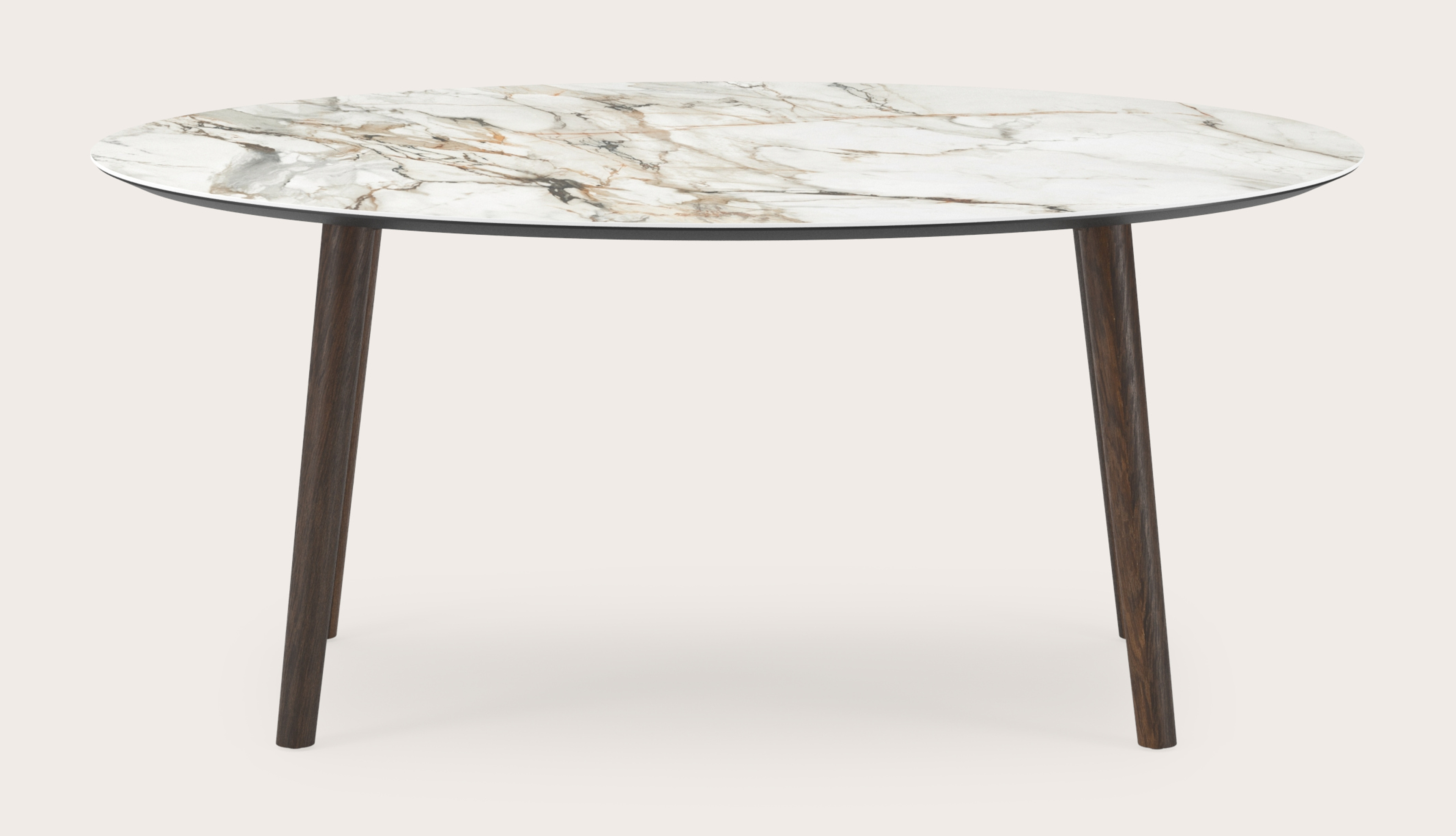 Eettafel Conico onderstel in gerookte eik met ovaal volkeramisch Ceramo blad in kleur Calacatta Luxe 180 x 110 x 77 cm