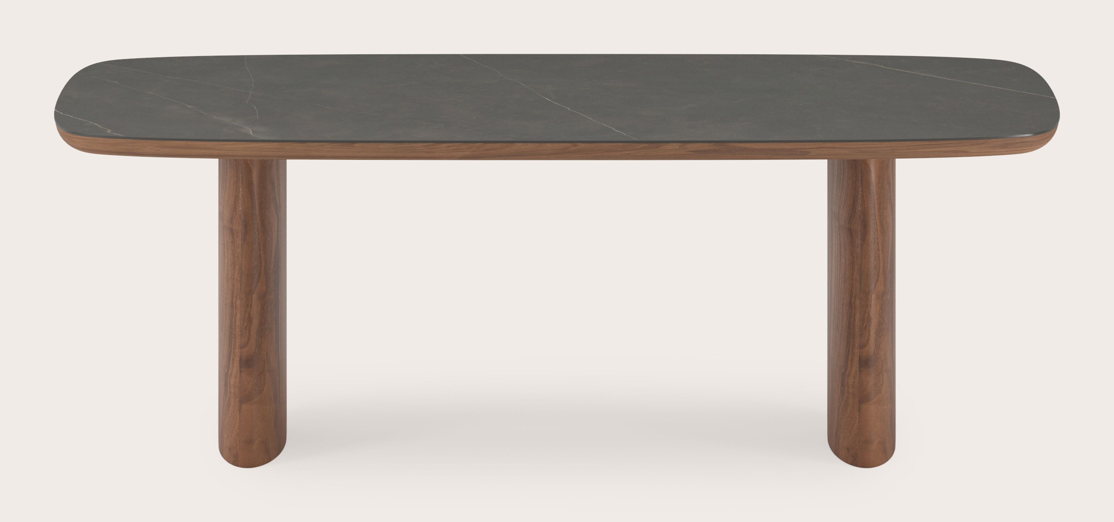 Eettafel Amato Ellipso onderstel in walnoot met bootvormig volkeramisch Ceramo blad in kleur Calatorao 220 x 105 x 76 cm