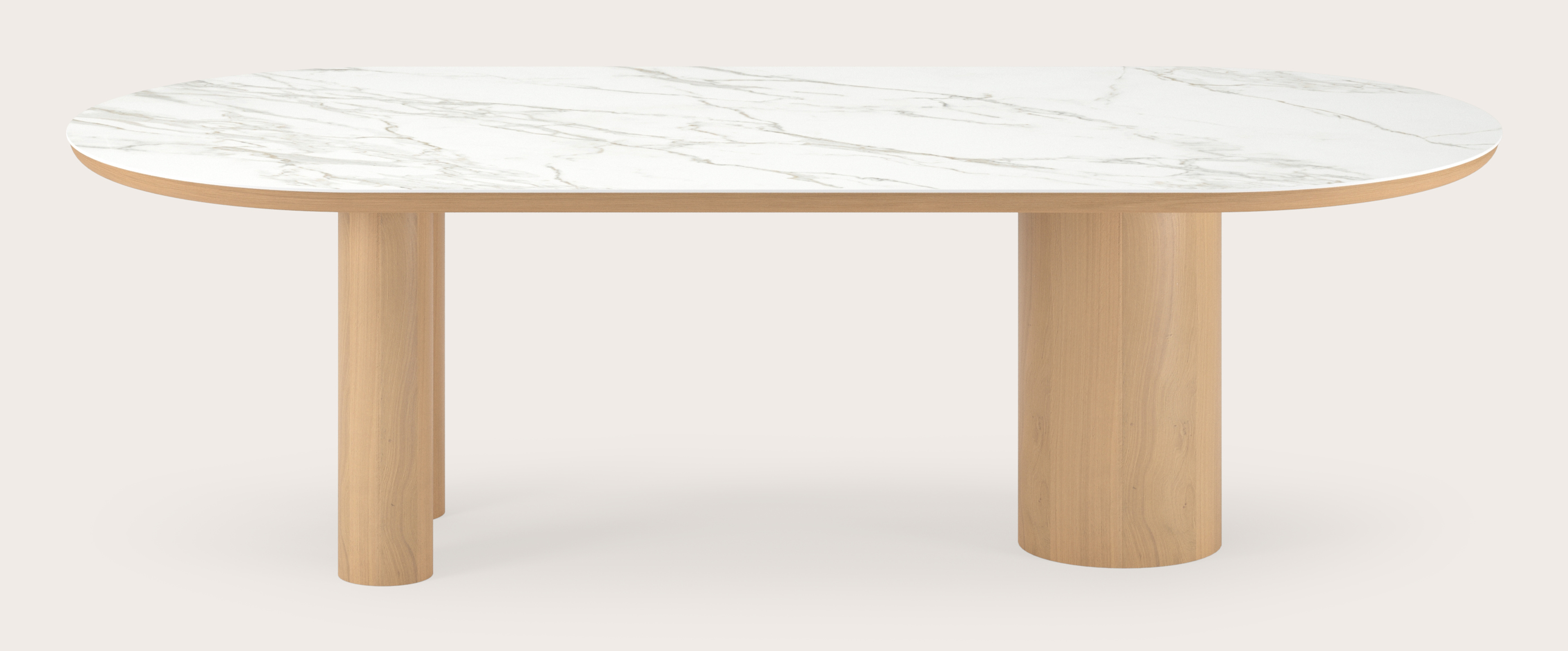 Eettafel Amato Rondo onderstel in natuurkleurige eik met plat ovaal volkeramisch Ceramo blad in kleur Calacatta 260 x 115 x 76 cm