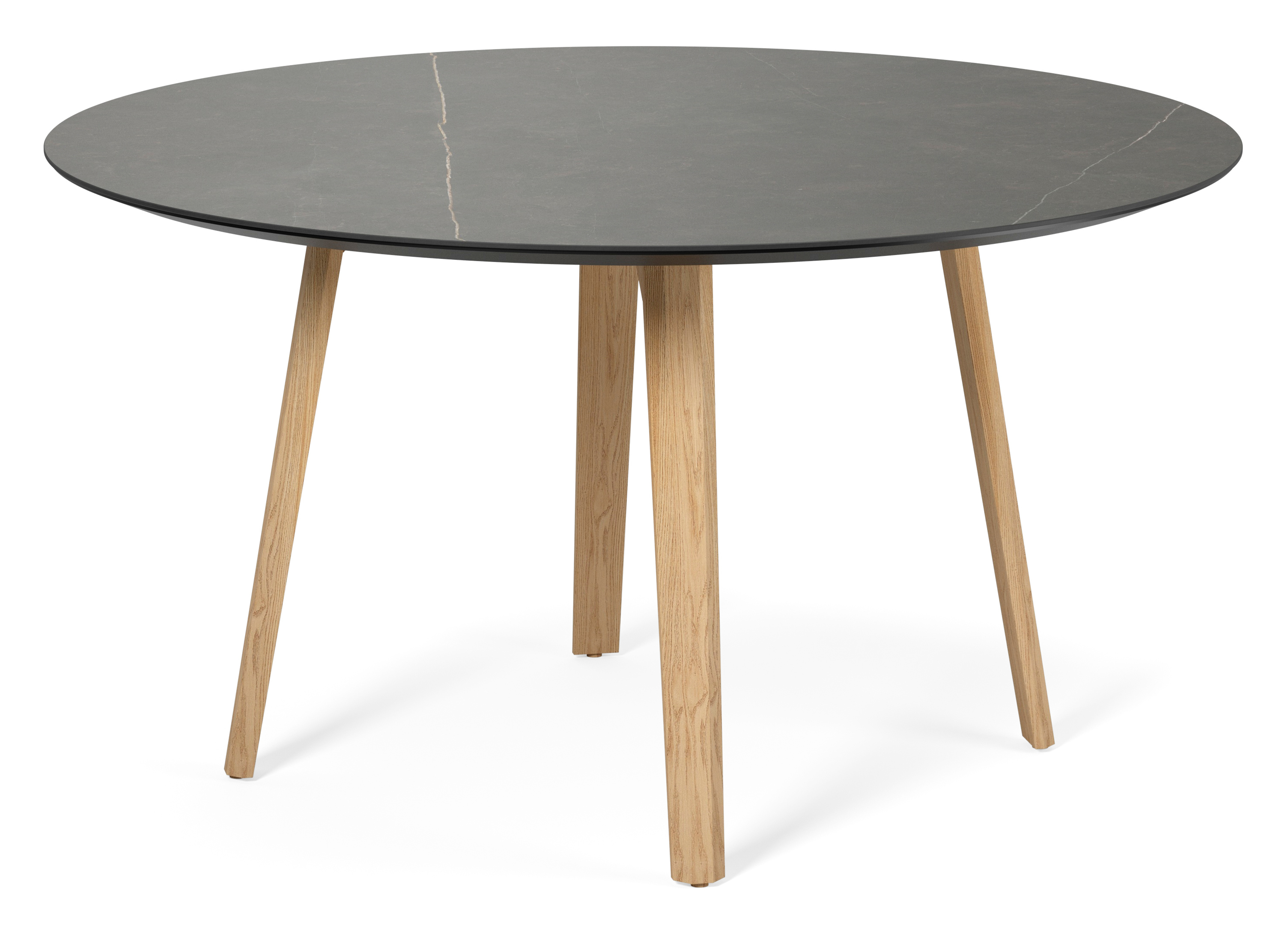 Table de salle à manger Clino armature en chêne couleur naturelle avec plateau Ceramo rond en céramique en couleur Calatorao Ø140 x 77 cm
