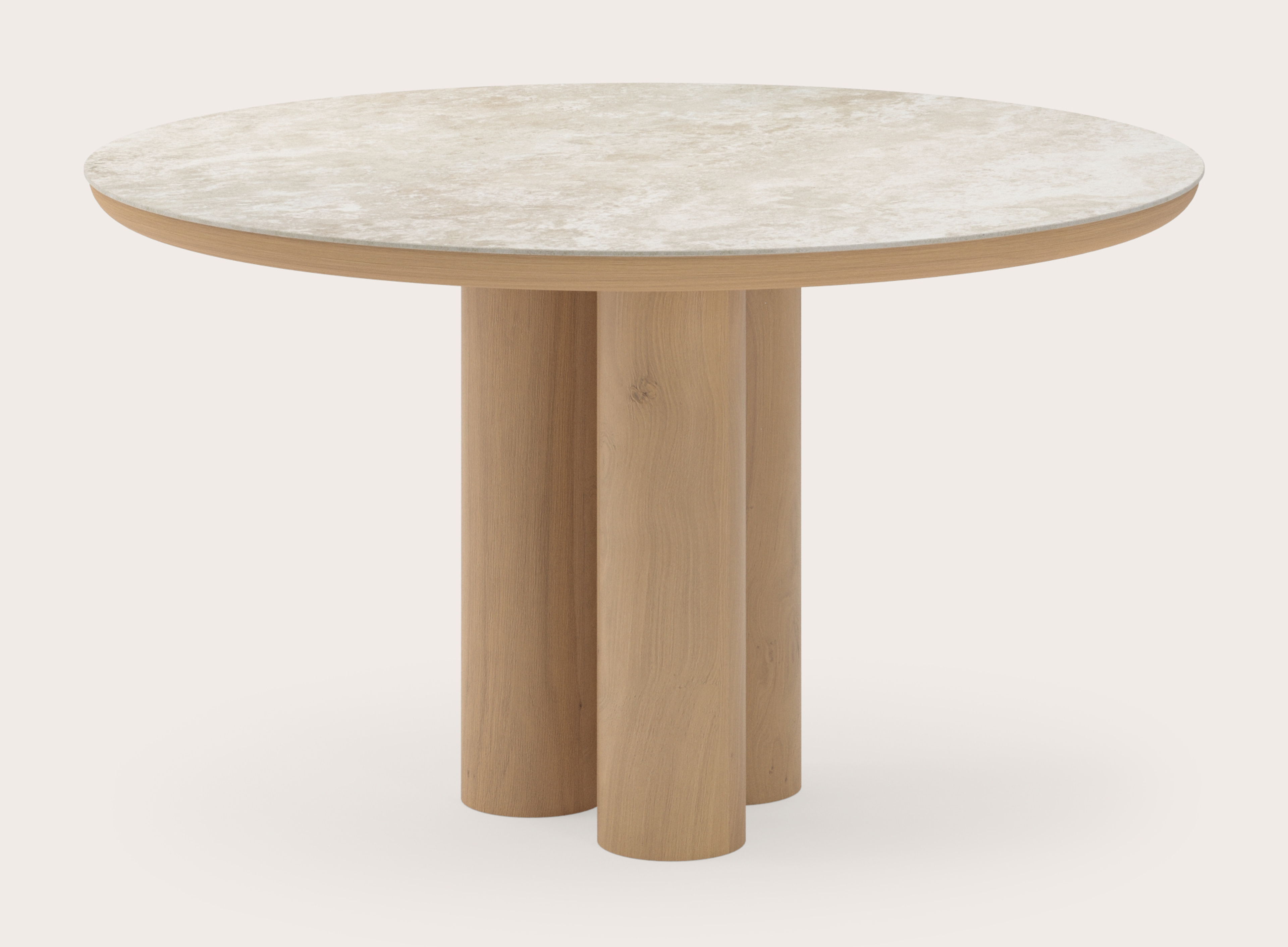 Table de salle à manger Amato Rondo armature en chêne couleur naturelleavec plateau Ceramo rond en céramique en couleur Rapolano Ø130 x 76 cm
