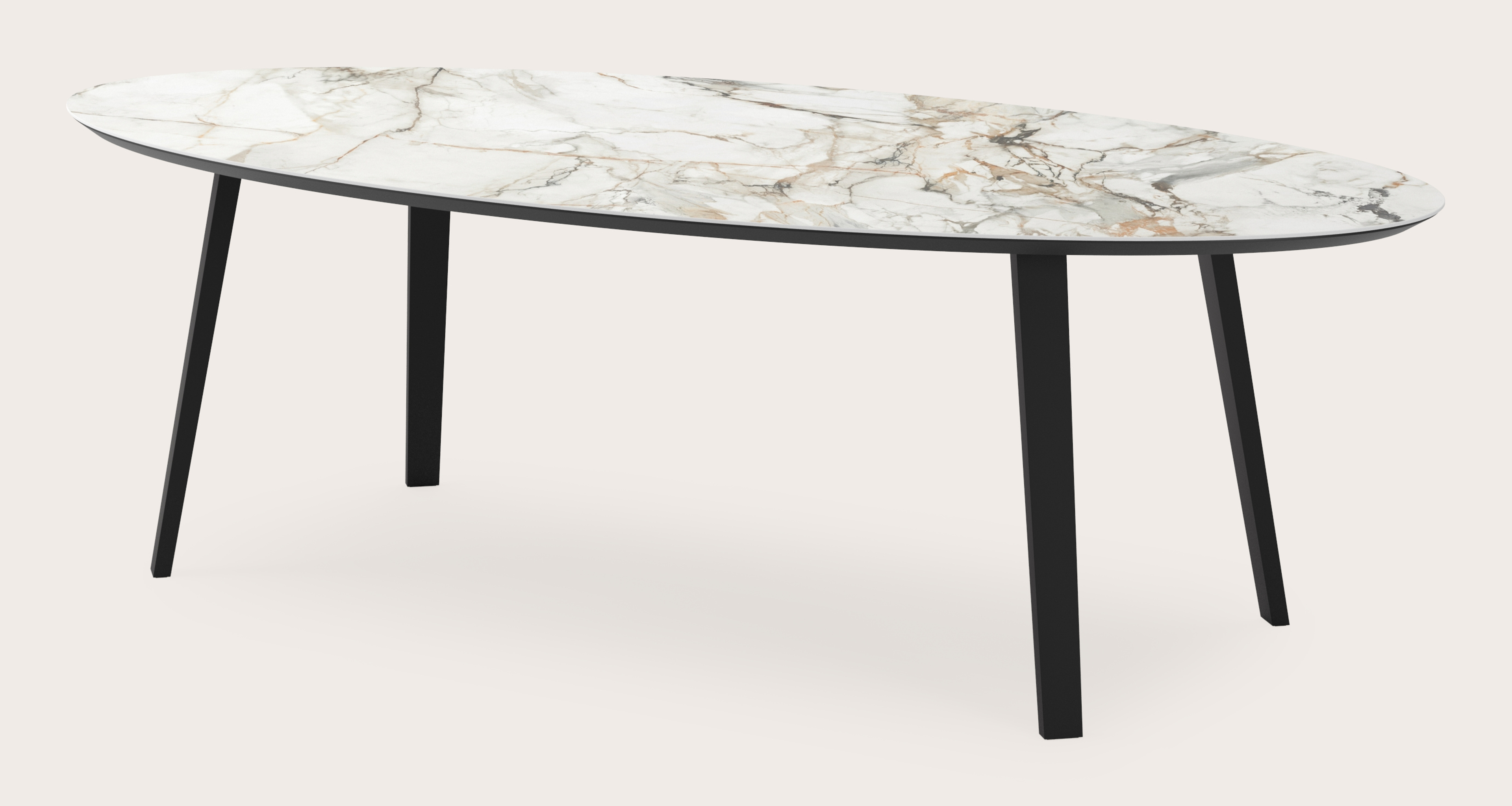 Eettafel Clino onderstel in zwart metaal met ovaal volkeramisch Ceramo blad in kleur Calacatta Luxe  260 x 130 x 77 cm