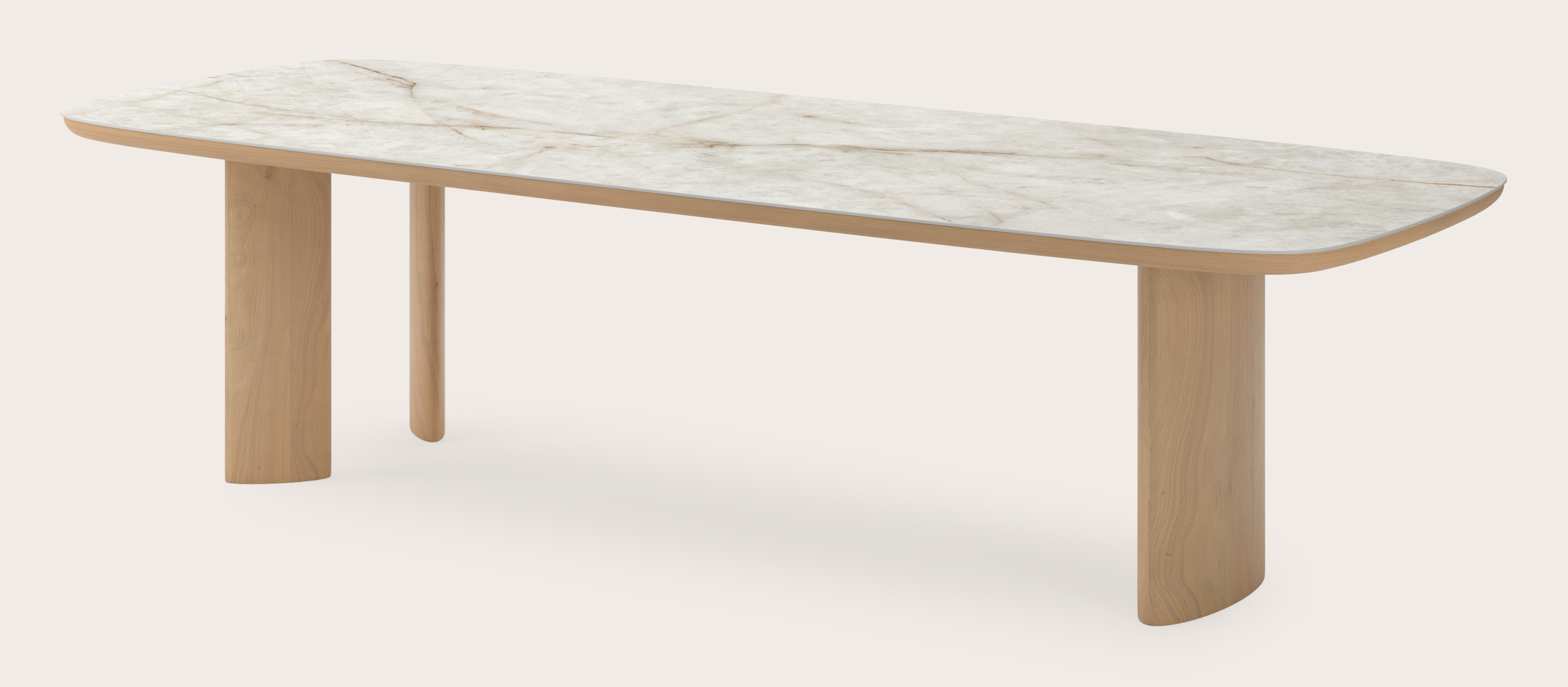 Eettafel Amato Ellipso onderstel in natuurkleurige eik met bootvormig volkeramisch Ceramo blad in kleur Himalaya 300 x 115 x 76 cm