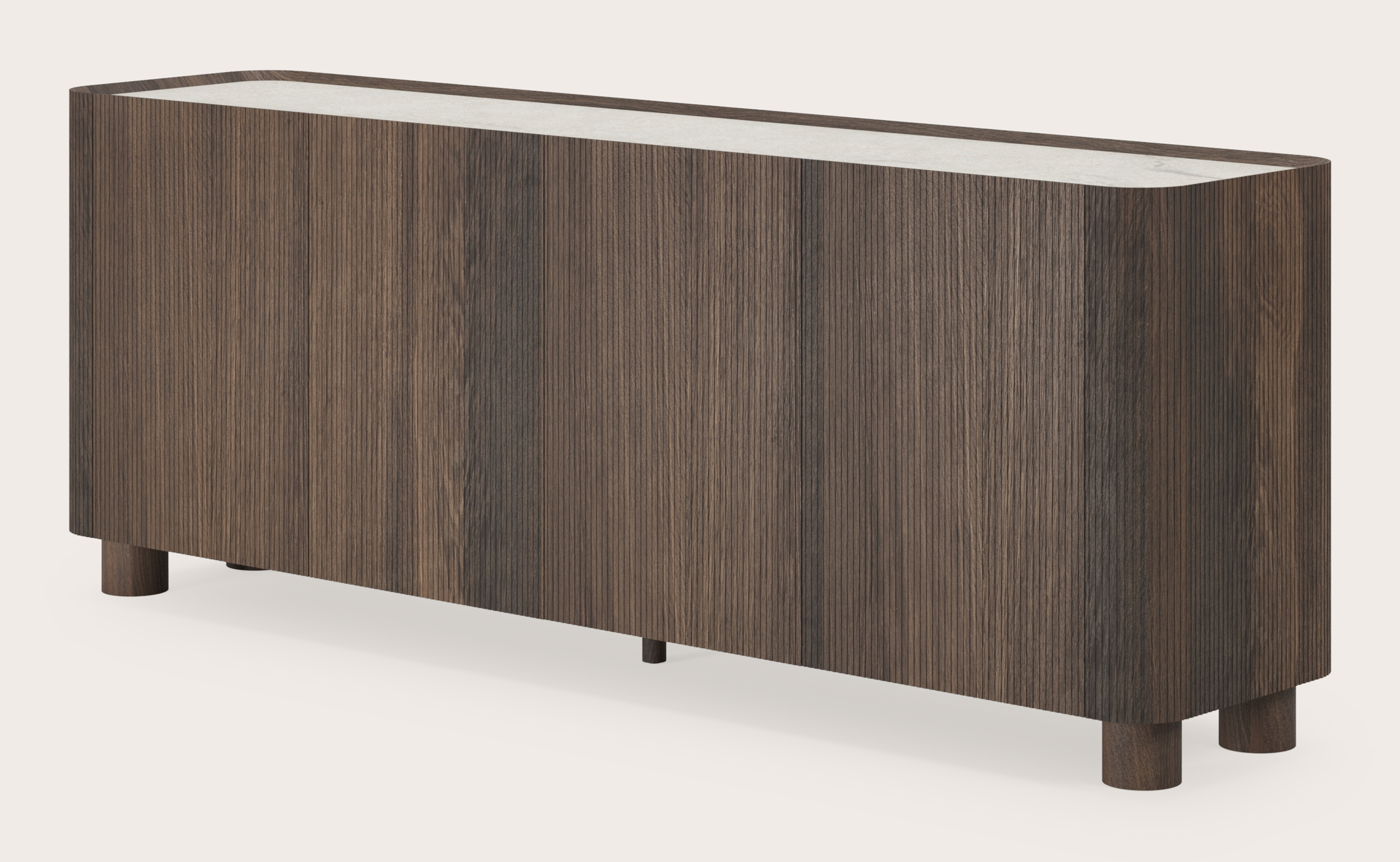Buffet Grivato en chêne fumé avec pieds ronds en bois avec plateau Ceramo en céramique en couleur Shilin 203 x 45 x 76 cm