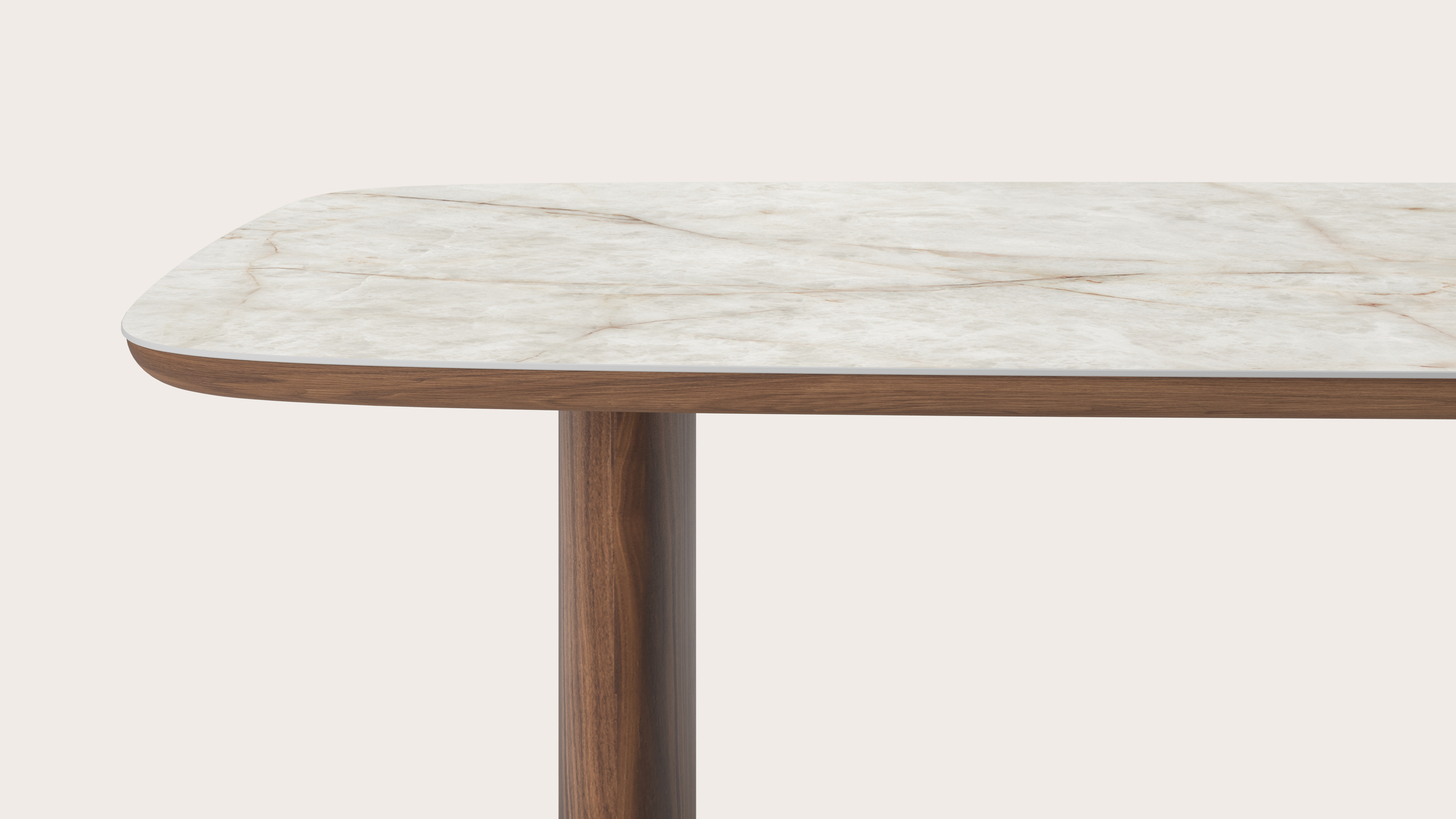 Table de salle à manger Amato Ellipso armature en noyer avec plateau Ceramo forme arrondie en céramique en couleur Himalaya 300 x 115 x 76 cm