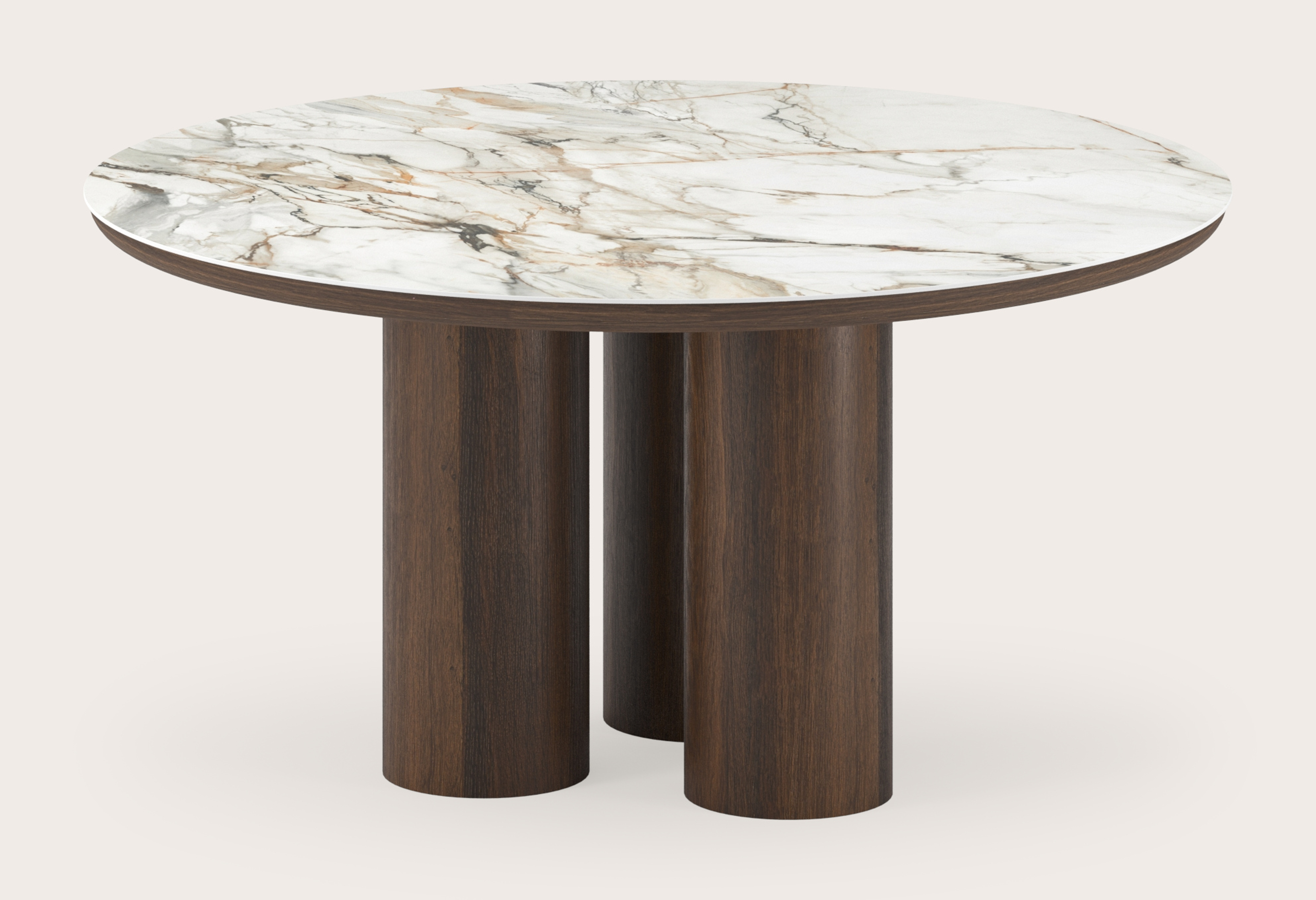 Eettafel Amato Rondo onderstel in gerookte eik met rond volkeramisch Ceramo blad in kleur Calacatta Luxe Ø150 x 76 cm