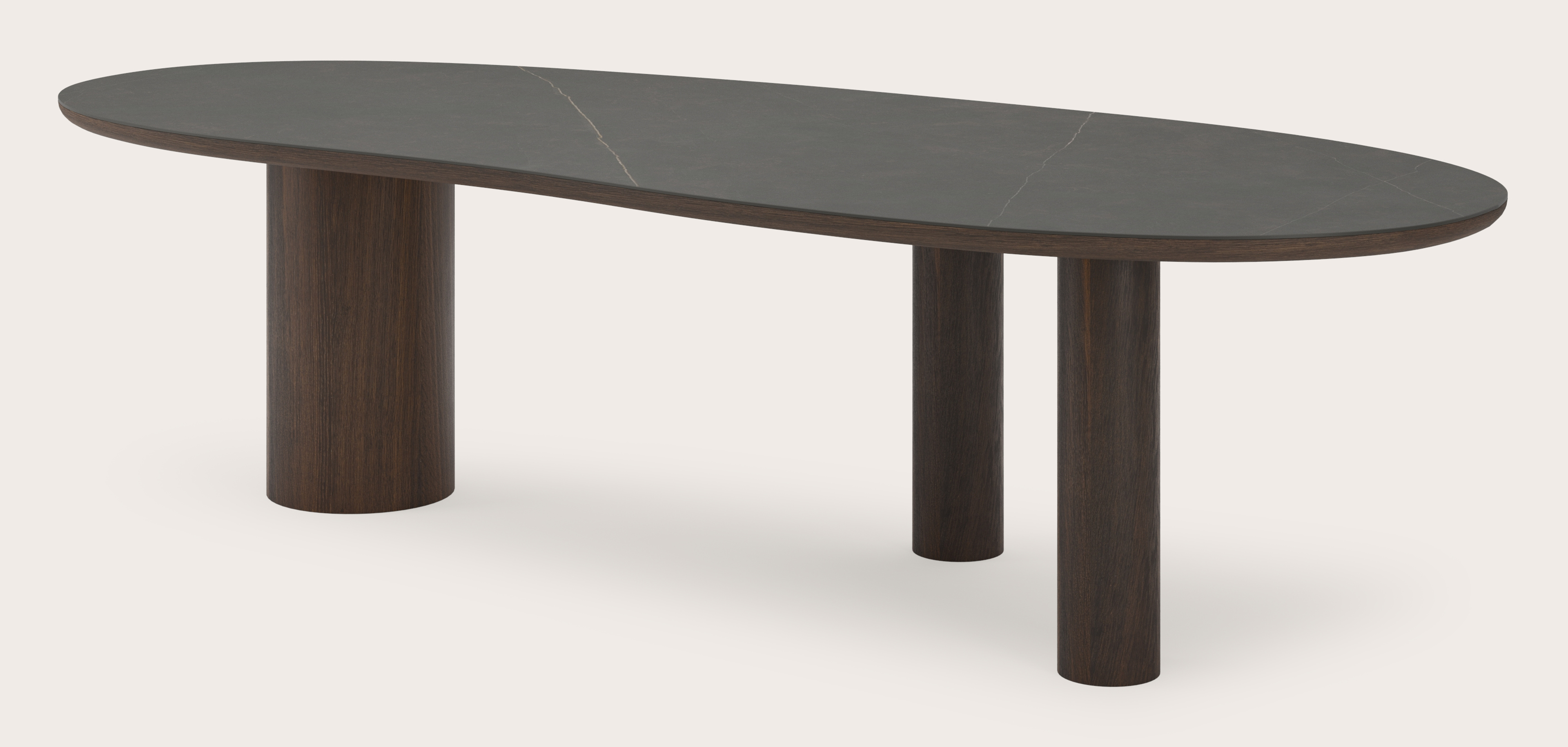 Eettafel Amato Rondo onderstel in gerookte eik met Blobvormig volkeramisch Ceramo blad in kleur Calatorao 300 x 122 x 77 cm
