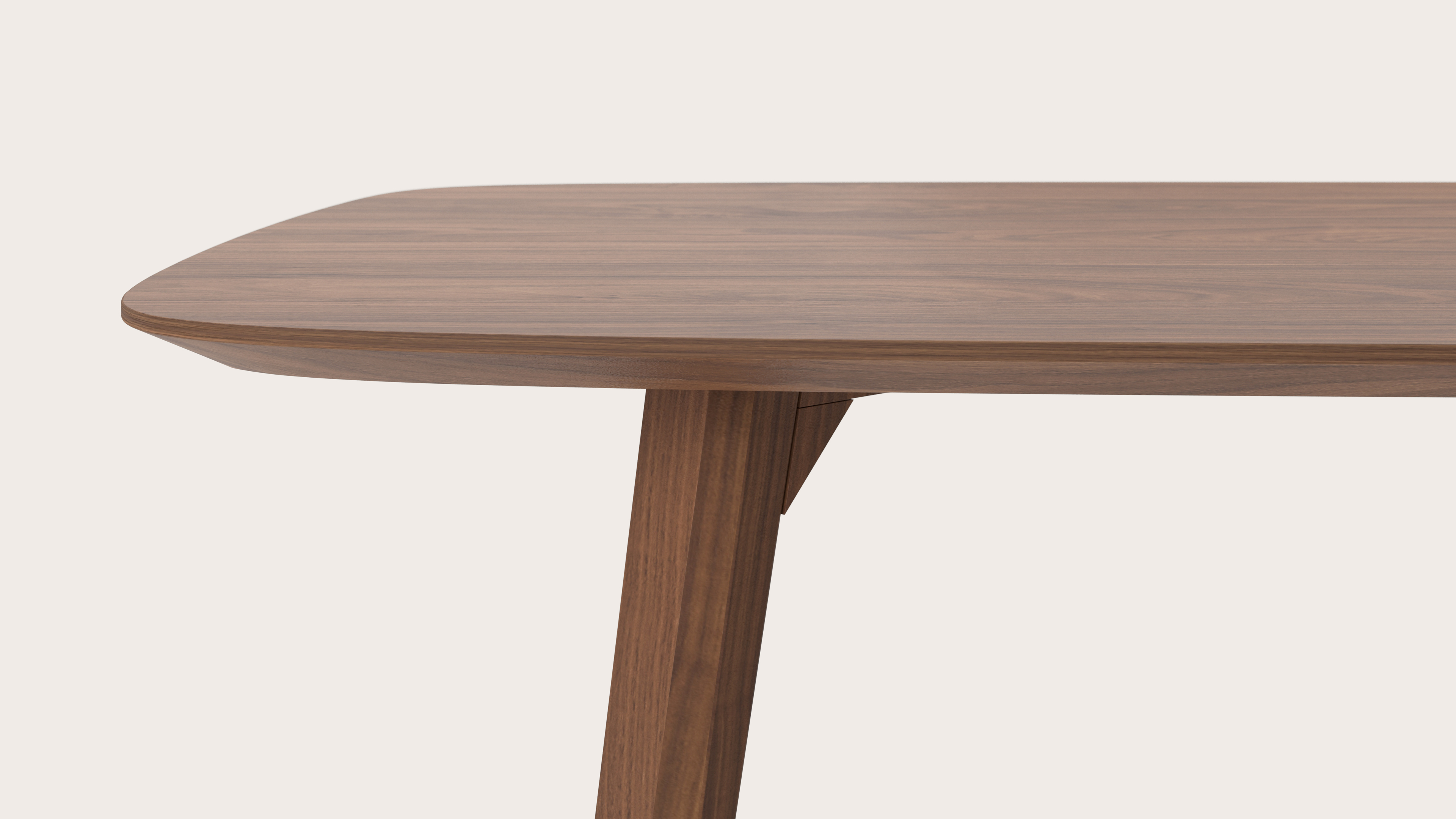 Eettafel Clino onderstel in walnoot met bootvormig Finesso blad in walnoot 220 x 105 x 76 cm