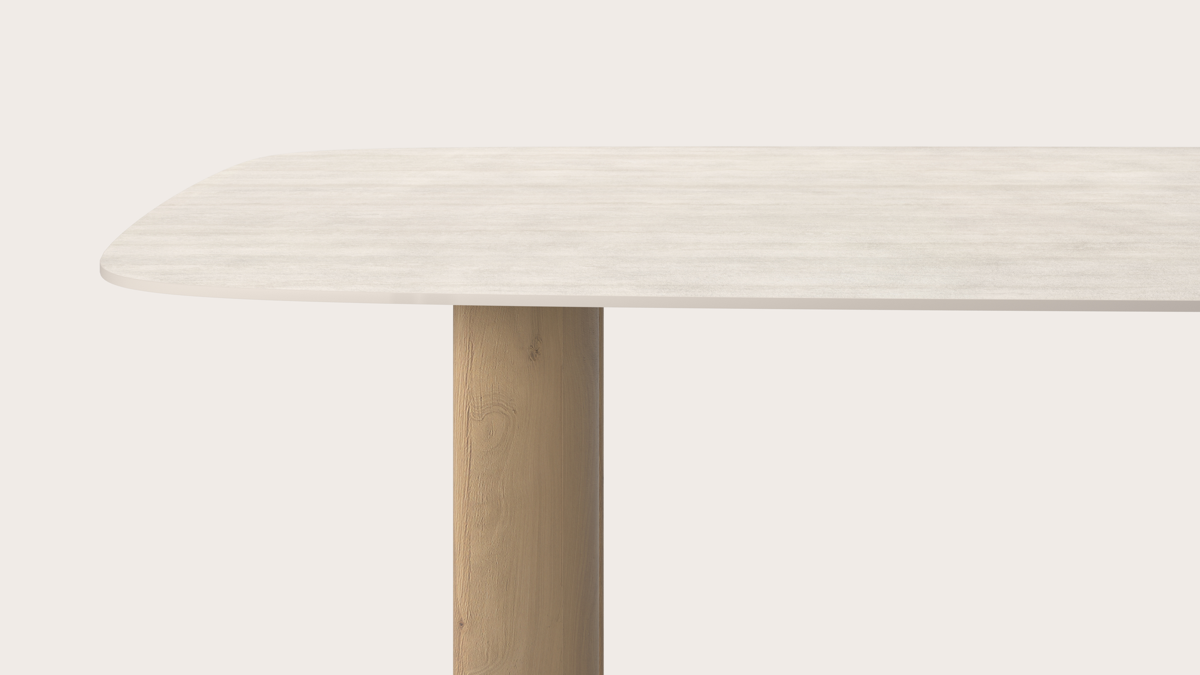 Table à manger Amato Ellipso armature en chêne naturel avec plateau en forme arrondi céramique Ceramo Lux en couleur Travertino Bianco 300x115 cm