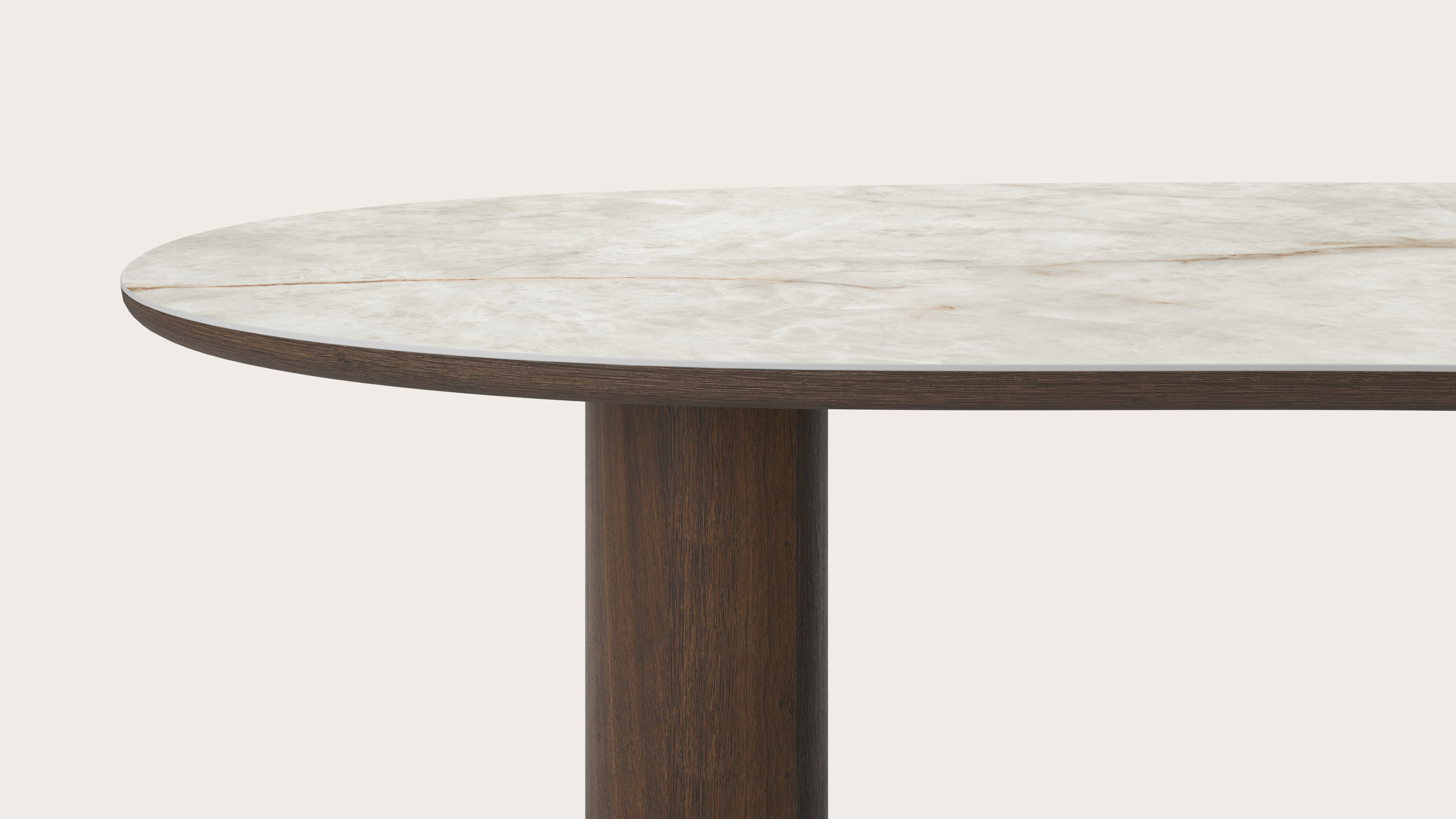 Table de salle à manger Amato Rondo armature en chêne fumé avec plateau Ceramo forme blob en céramique en couleur Himalaya 300 x 122 x 77 cm
